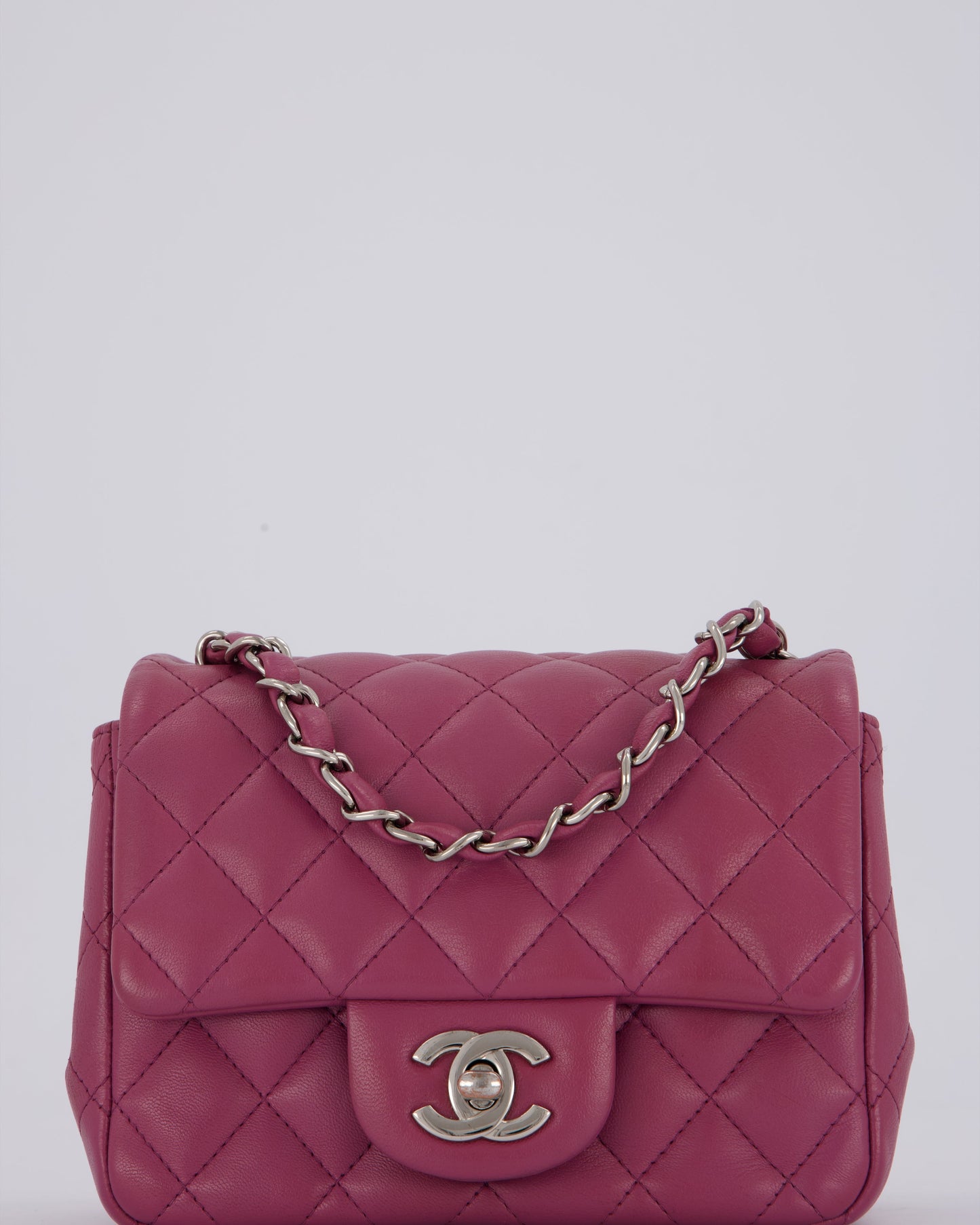 Chanel Purple Mini Square Flap Bag In Lambskin Leather With Silver Hardware