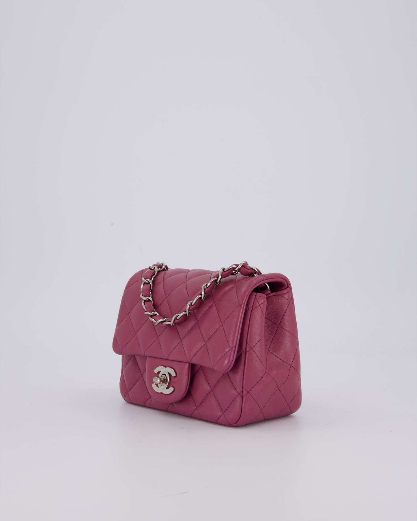 Chanel Purple Mini Square Flap Bag In Lambskin Leather With Silver Hardware