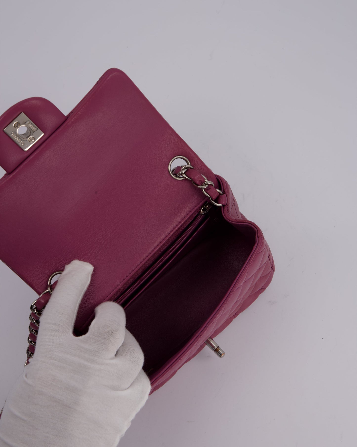 Chanel Purple Mini Square Flap Bag In Lambskin Leather With Silver Hardware