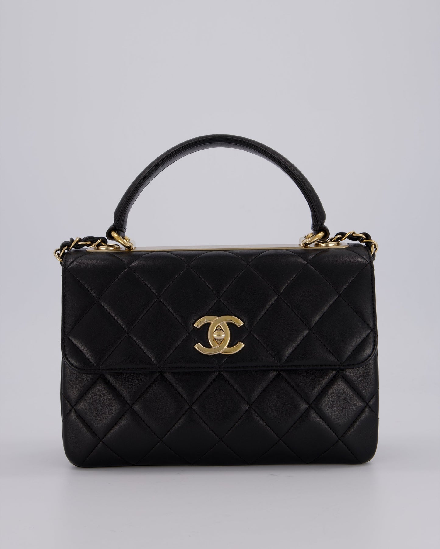 Chanel Black Small Trendy CC Top Handle Flap Bag in Quilted Lambskin Leather with Champagne Gold Hardware