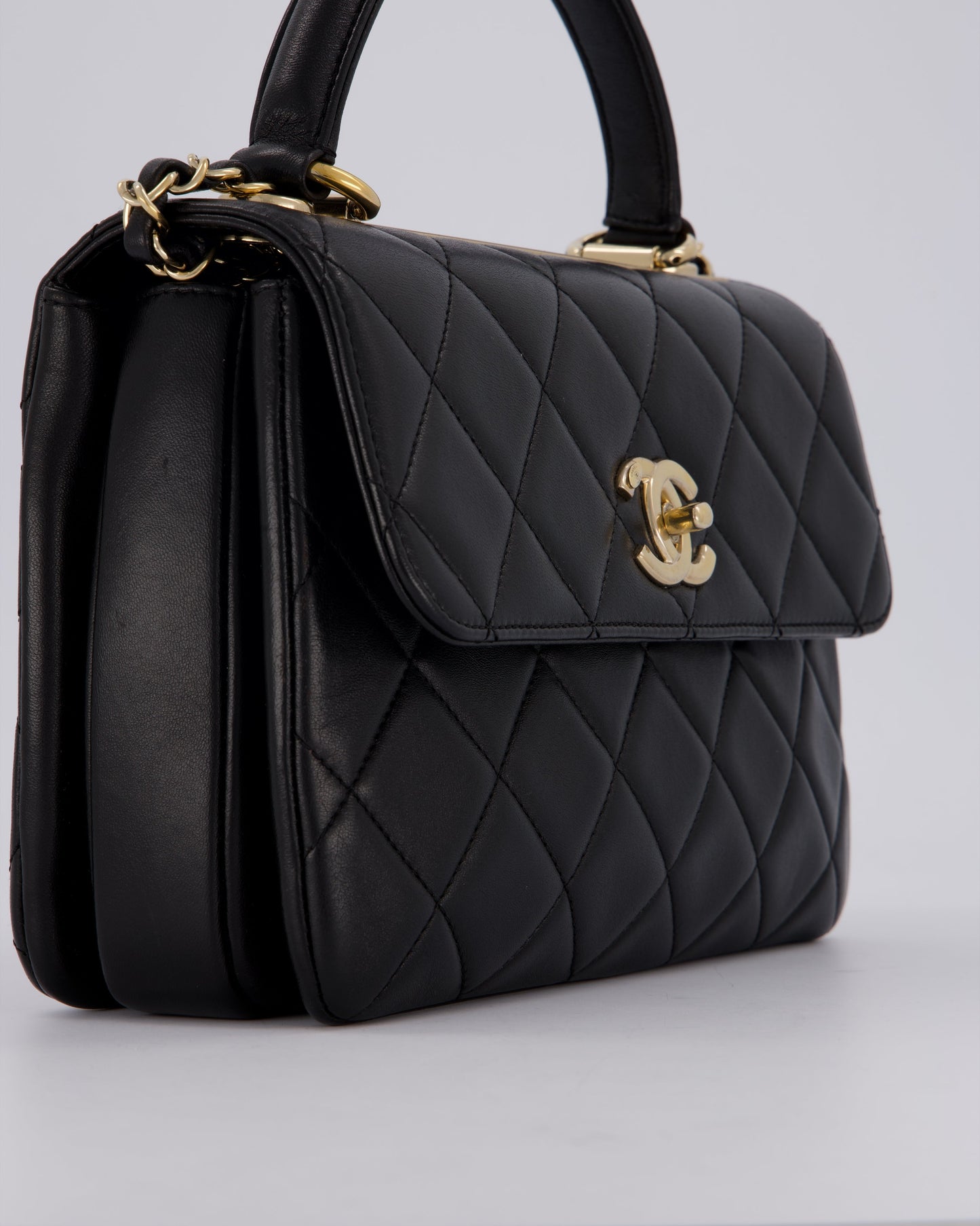 Chanel Black Small Trendy CC Top Handle Flap Bag in Quilted Lambskin Leather with Champagne Gold Hardware