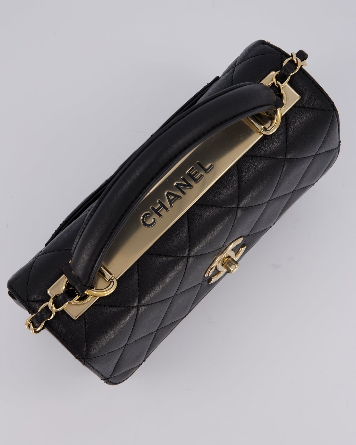 Chanel Black Small Trendy CC Top Handle Flap Bag in Quilted Lambskin Leather with Champagne Gold Hardware