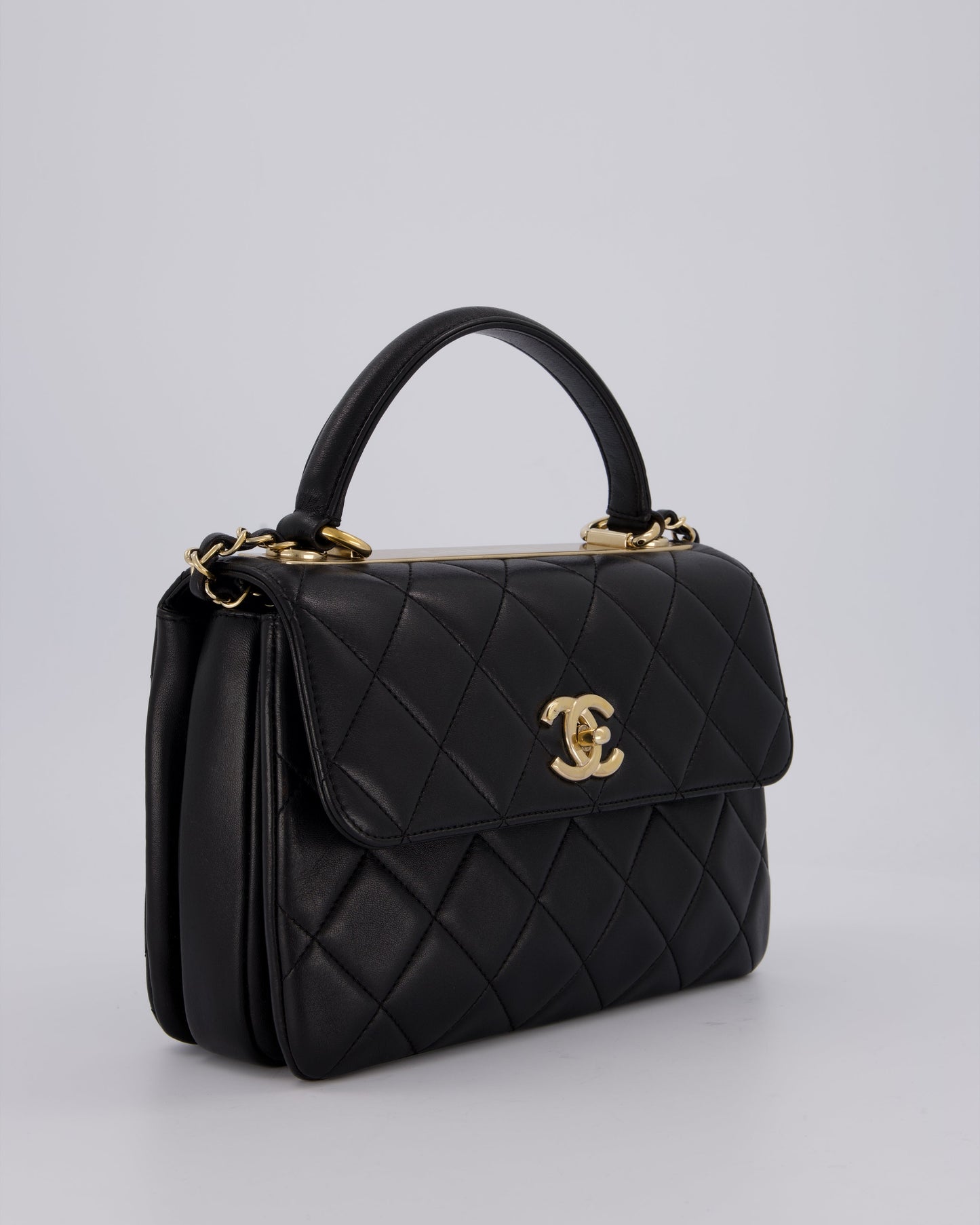 Chanel Black Small Trendy CC Top Handle Flap Bag in Quilted Lambskin Leather with Champagne Gold Hardware