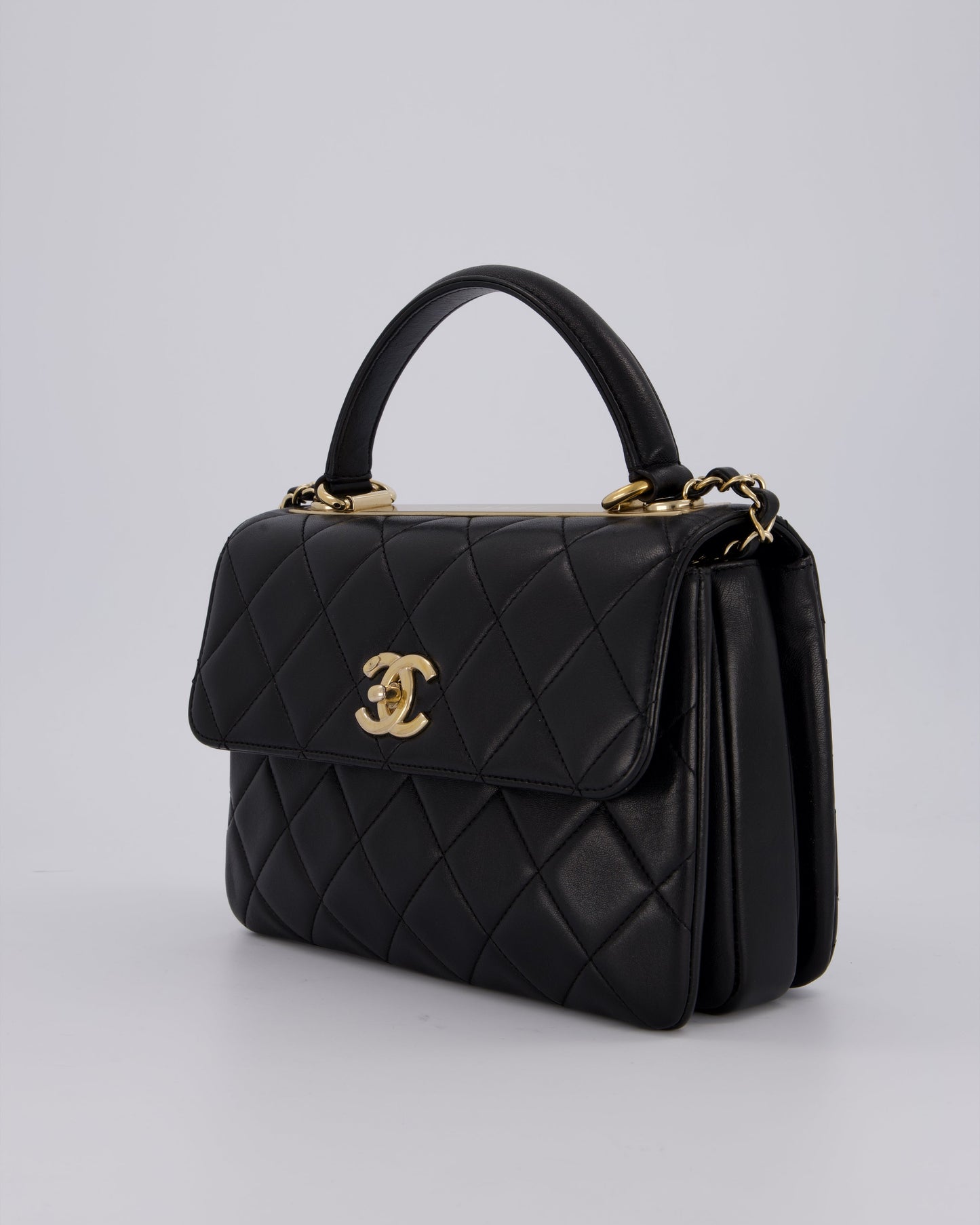 Chanel Black Small Trendy CC Top Handle Flap Bag in Quilted Lambskin Leather with Champagne Gold Hardware