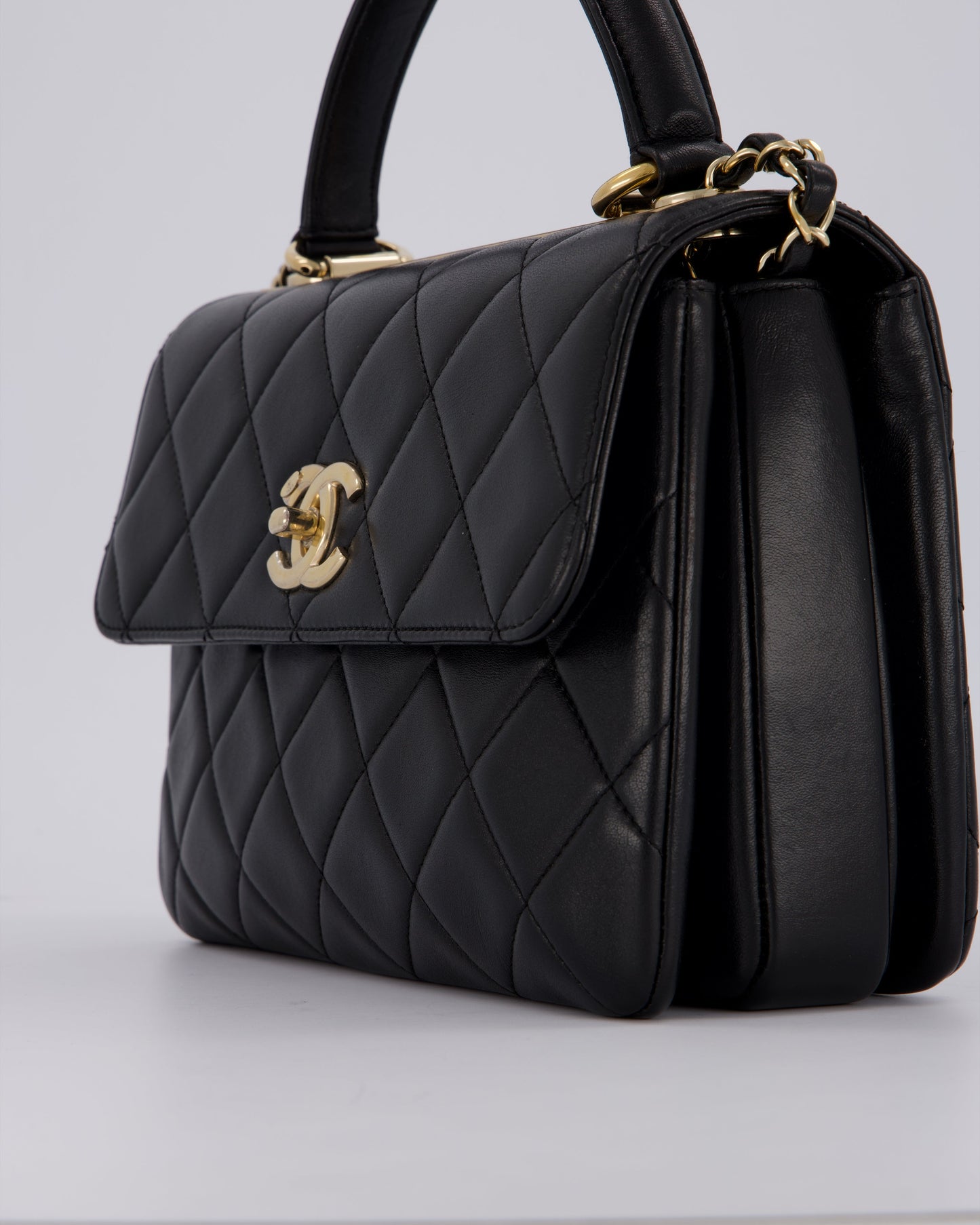 Chanel Black Small Trendy CC Top Handle Flap Bag in Quilted Lambskin Leather with Champagne Gold Hardware