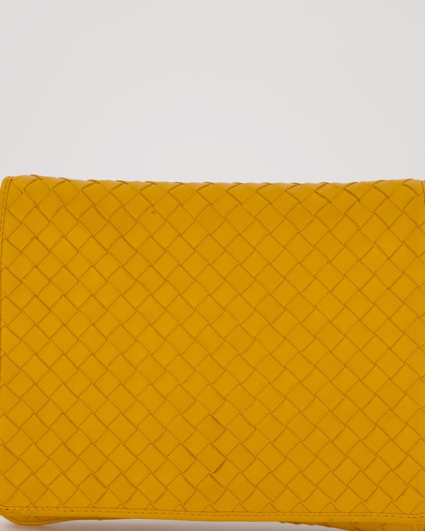 Bottega Veneta Crossbody Flap Bag on Strap in Mustard Yellow Intrecciato Leather with Gold Hardware