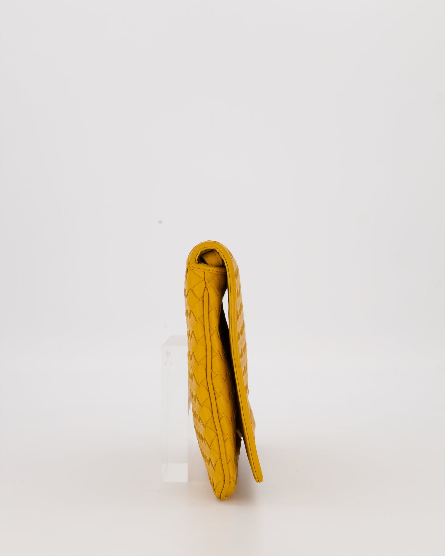 Bottega Veneta Crossbody Flap Bag on Strap in Mustard Yellow Intrecciato Leather with Gold Hardware