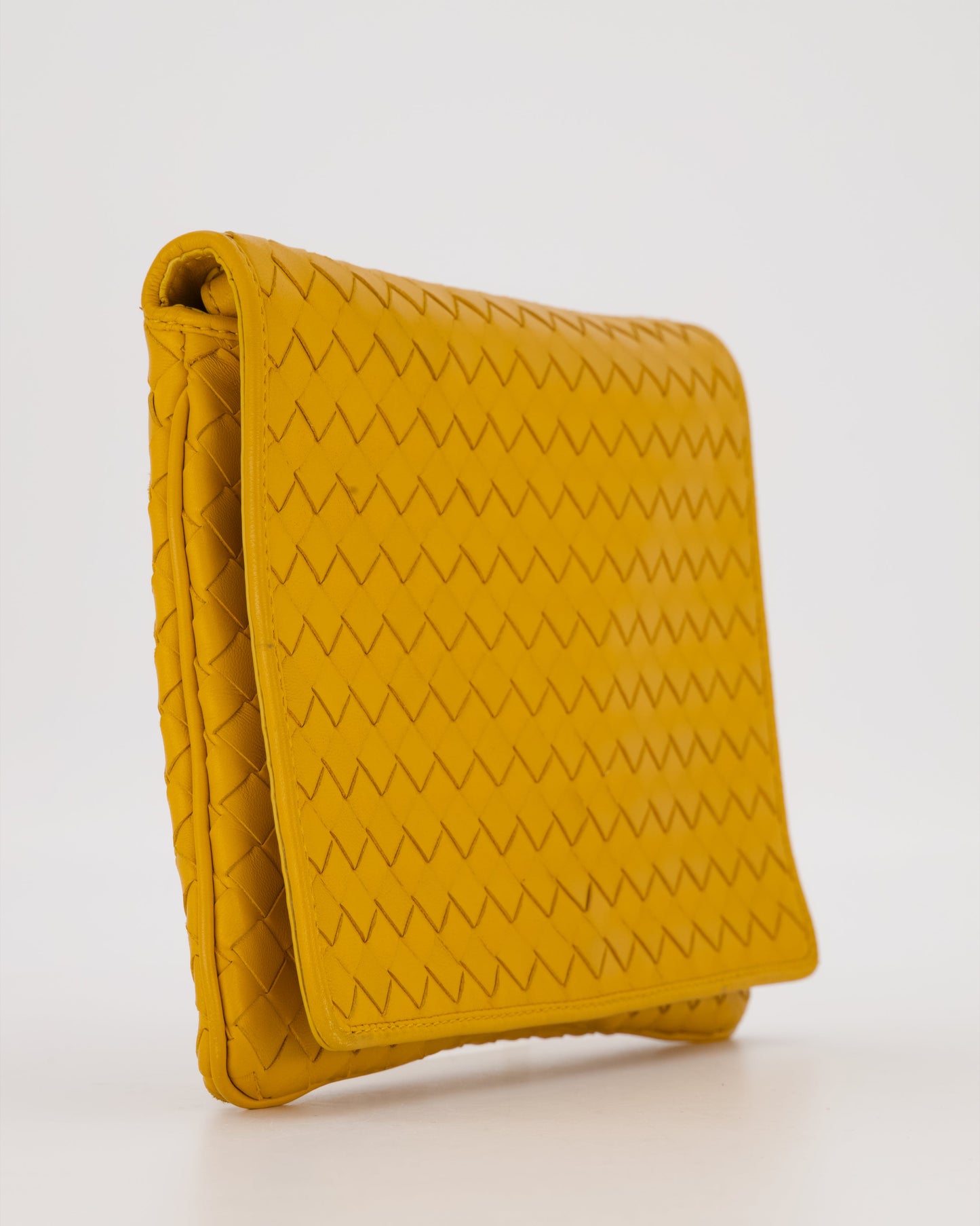 Bottega Veneta Crossbody Flap Bag on Strap in Mustard Yellow Intrecciato Leather with Gold Hardware