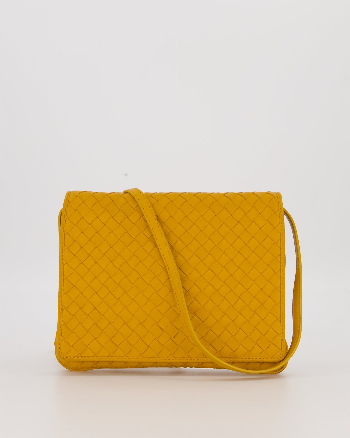 Bottega Veneta Crossbody Flap Bag on Strap in Mustard Yellow Intrecciato Leather with Gold Hardware
