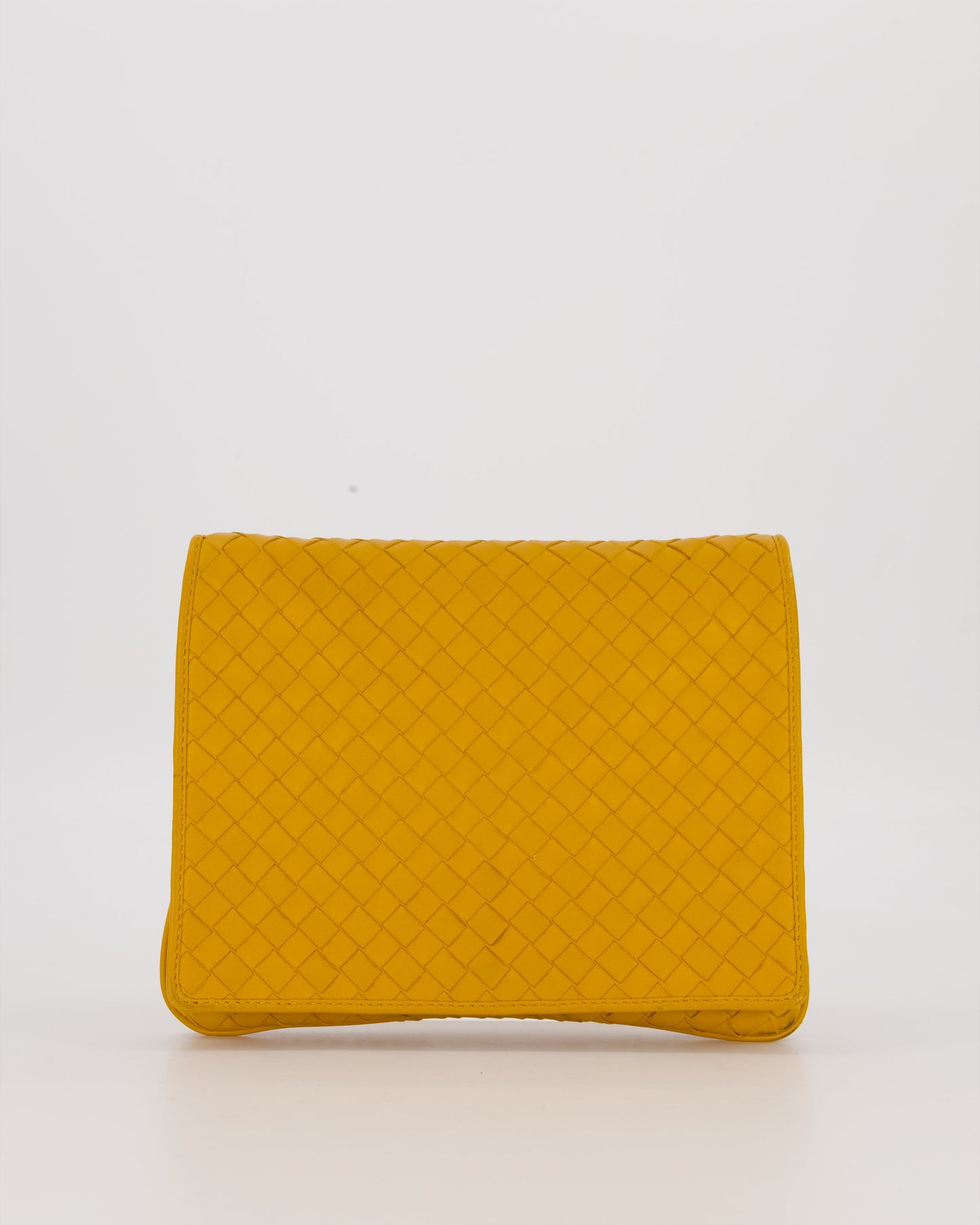 Bottega Veneta Crossbody Flap Bag on Strap in Mustard Yellow Intrecciato Leather with Gold Hardware