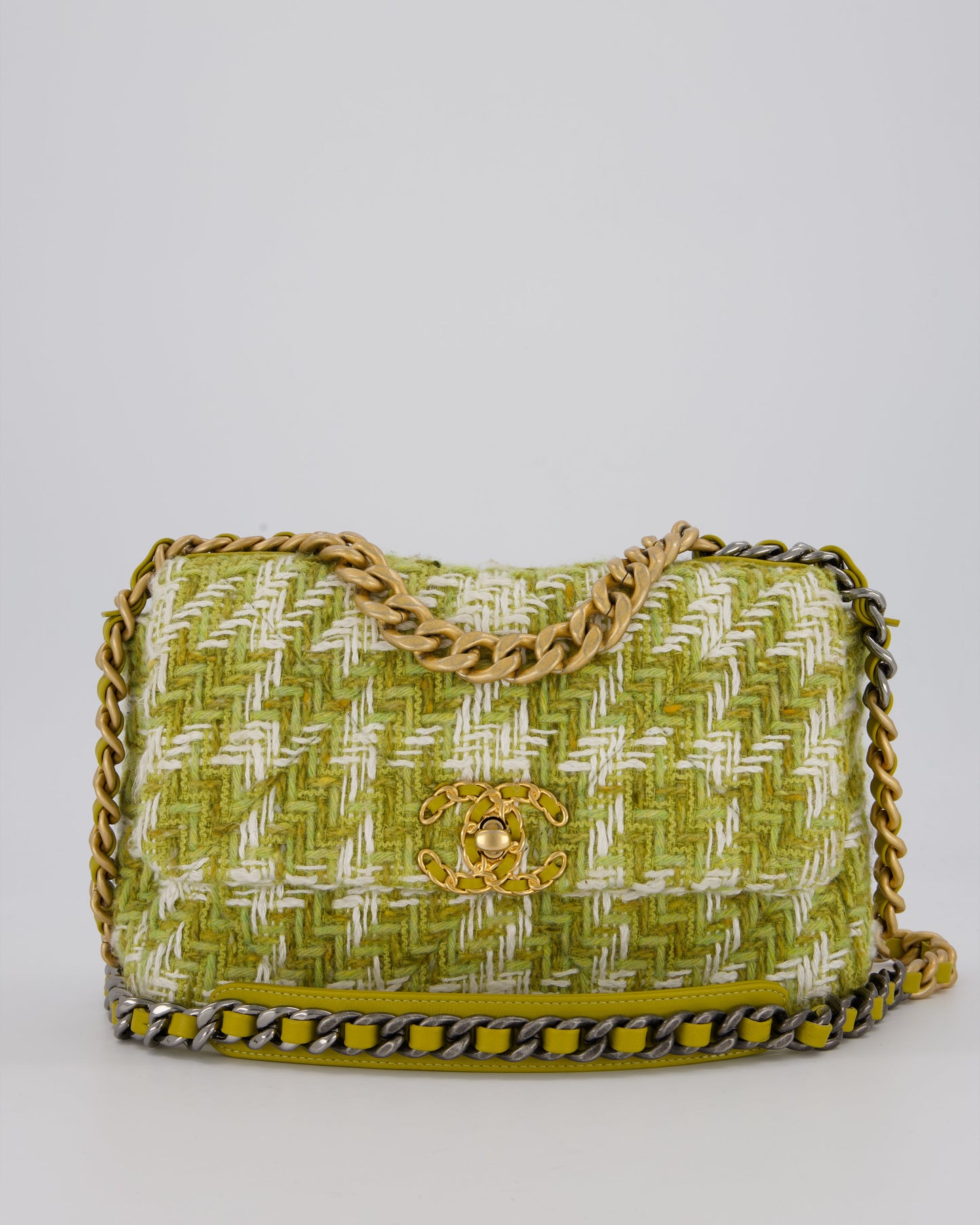 Chanel Small 19 Flap Bag in Green and White Houndstooth Quilted Tweed with Mixed Hardware