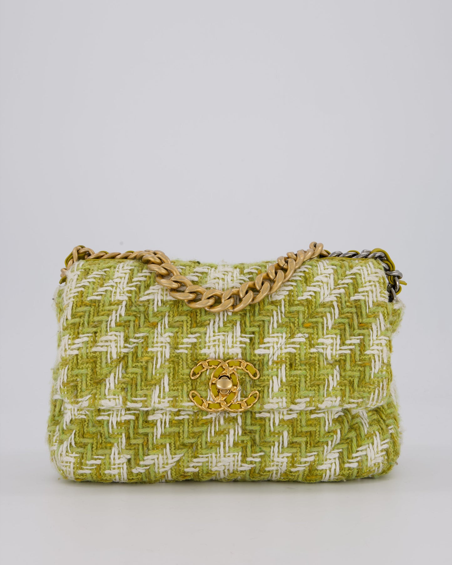 Chanel Small 19 Flap Bag in Green and White Houndstooth Quilted Tweed with Mixed Hardware