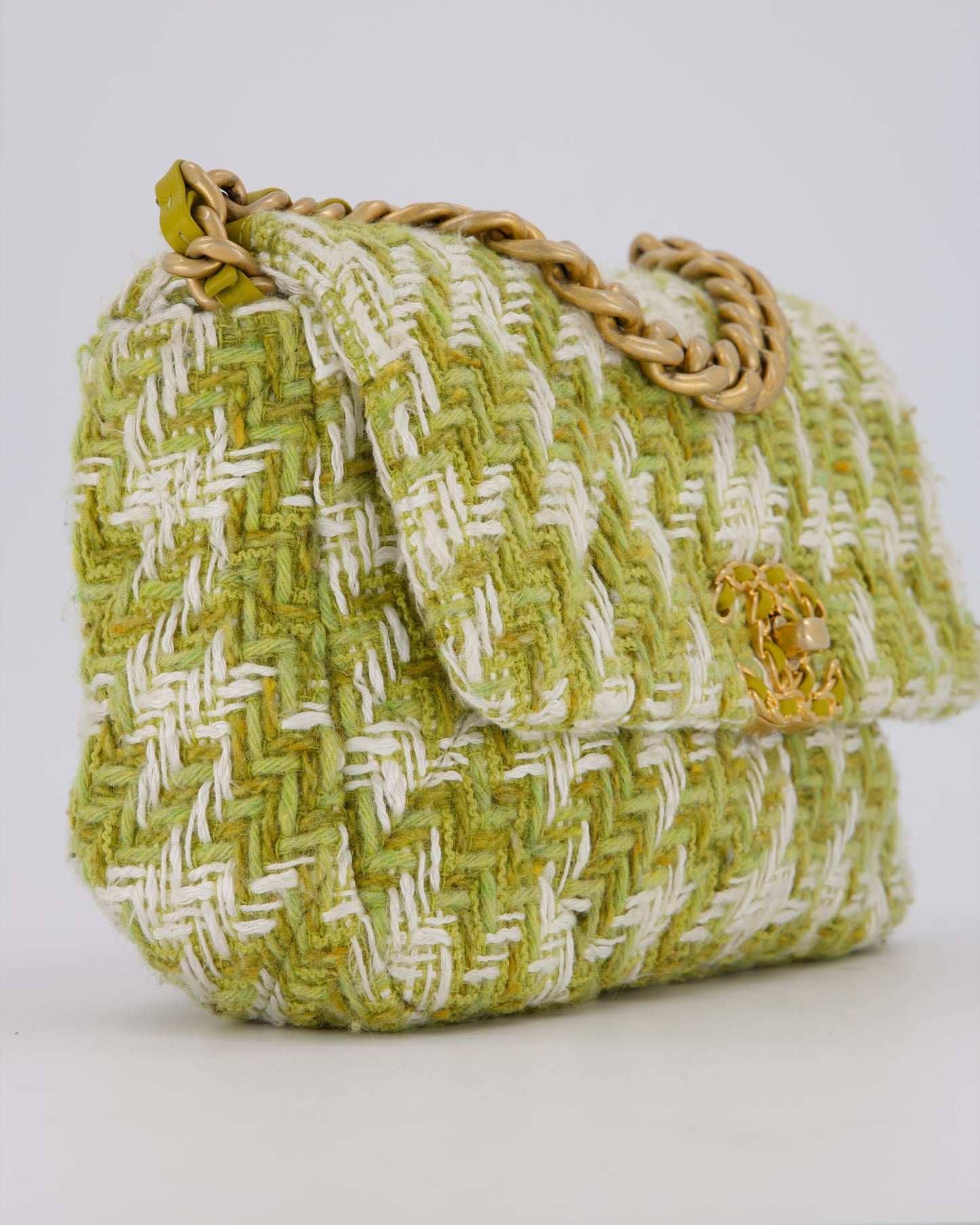 Chanel Small 19 Flap Bag in Green and White Houndstooth Quilted Tweed with Mixed Hardware