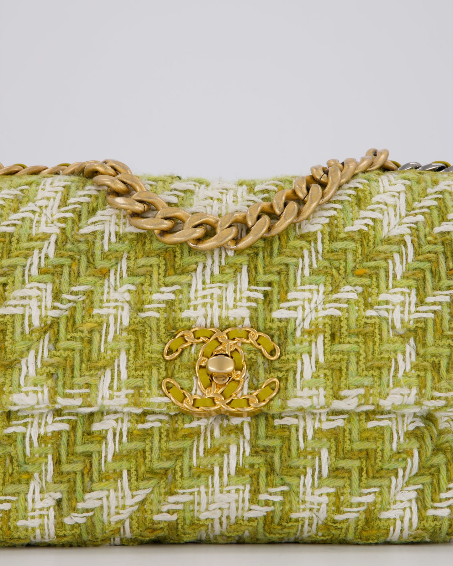 Chanel Small 19 Flap Bag in Green and White Houndstooth Quilted Tweed with Mixed Hardware