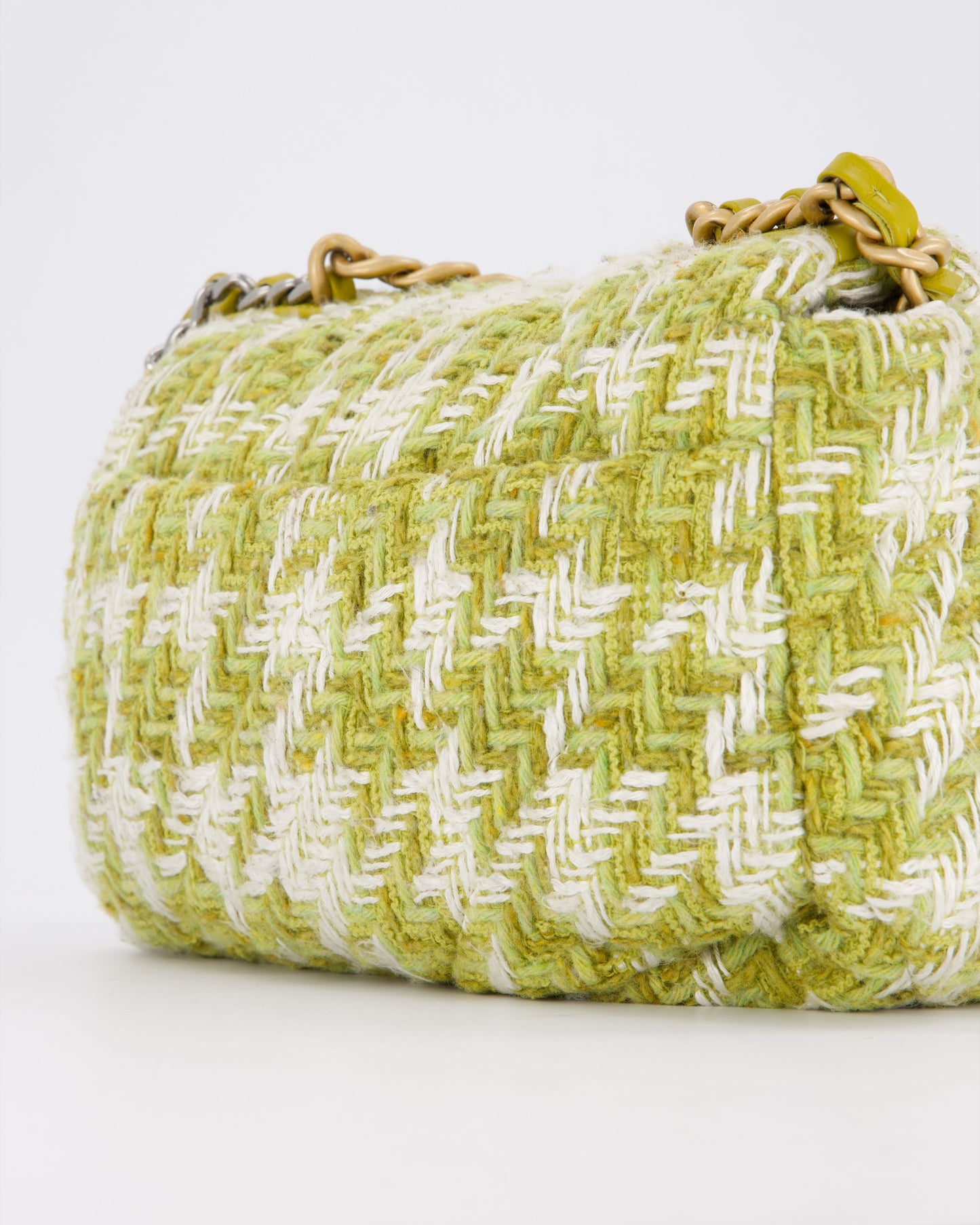Chanel Small 19 Flap Bag in Green and White Houndstooth Quilted Tweed with Mixed Hardware