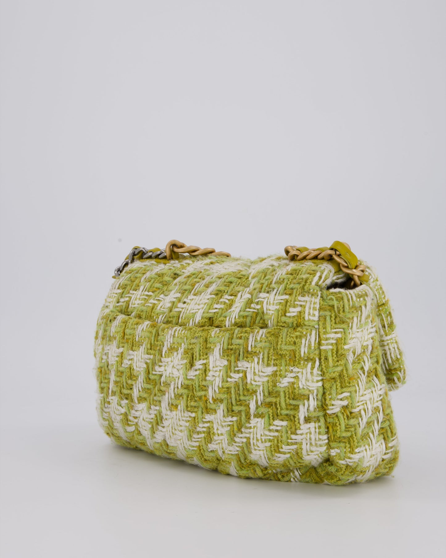Chanel Small 19 Flap Bag in Green and White Houndstooth Quilted Tweed with Mixed Hardware
