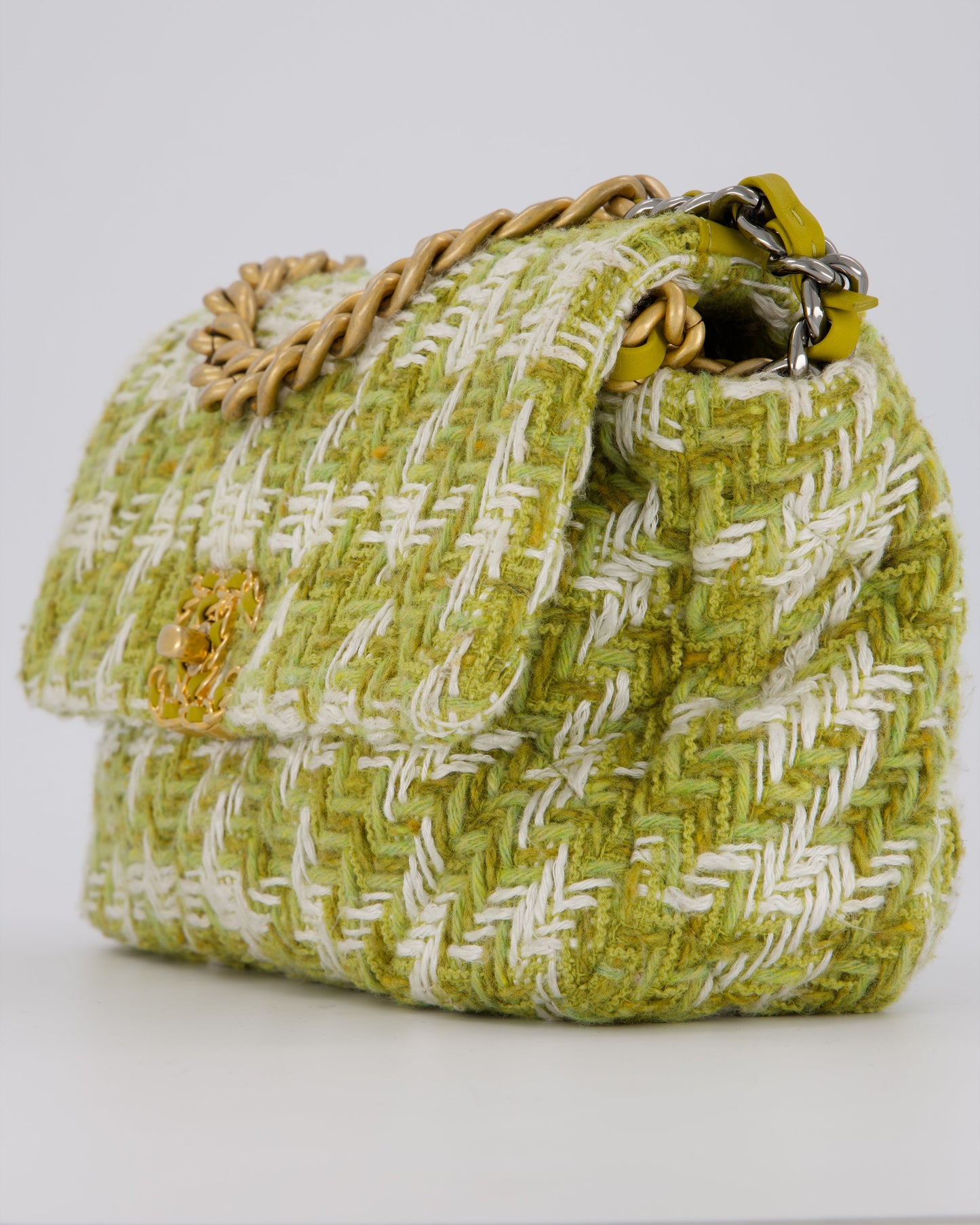 Chanel Small 19 Flap Bag in Green and White Houndstooth Quilted Tweed with Mixed Hardware