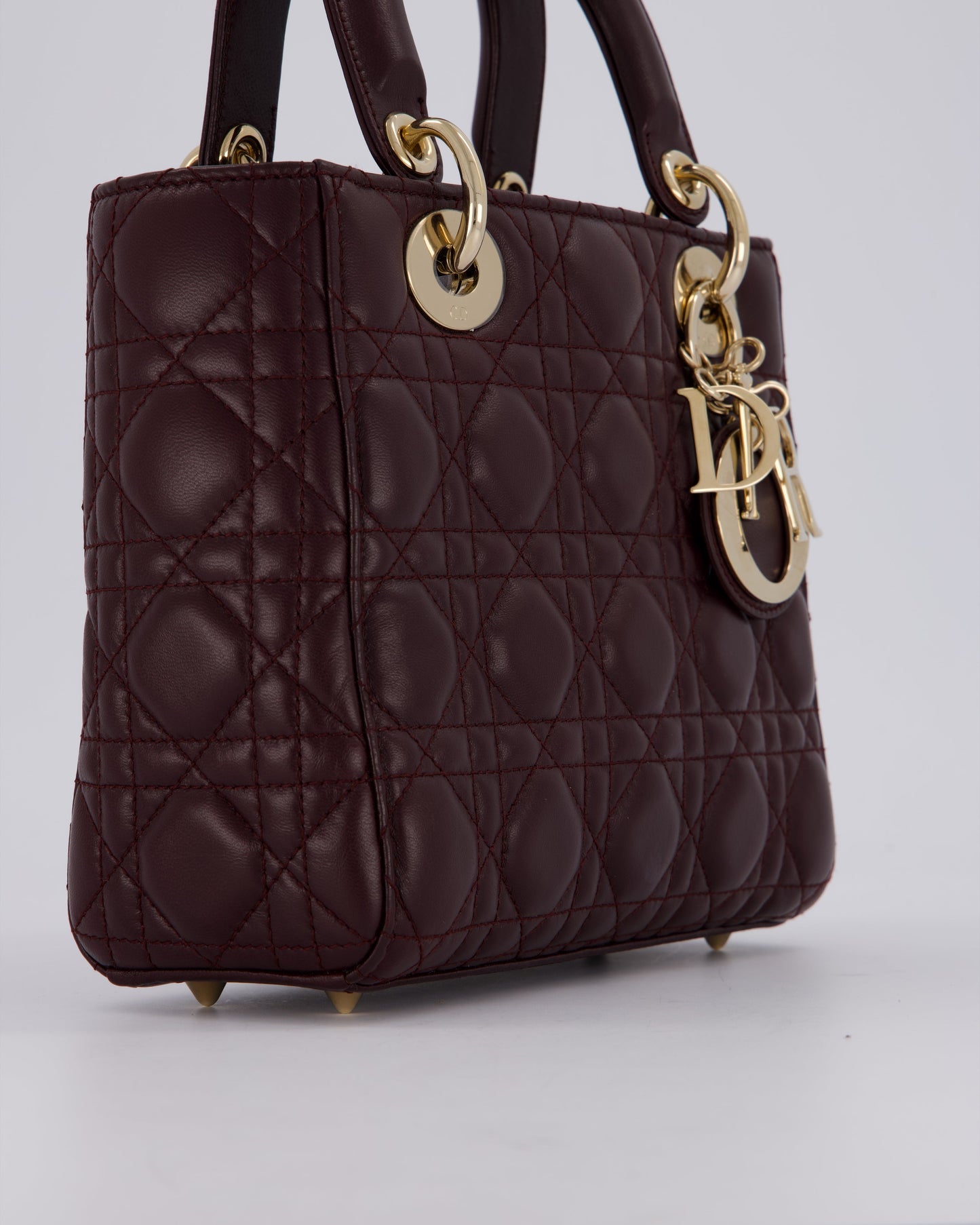 Christian Dior Aubergine Burgundy Small Lady Dior in Lambskin Leather with Champagne Gold Hardware
