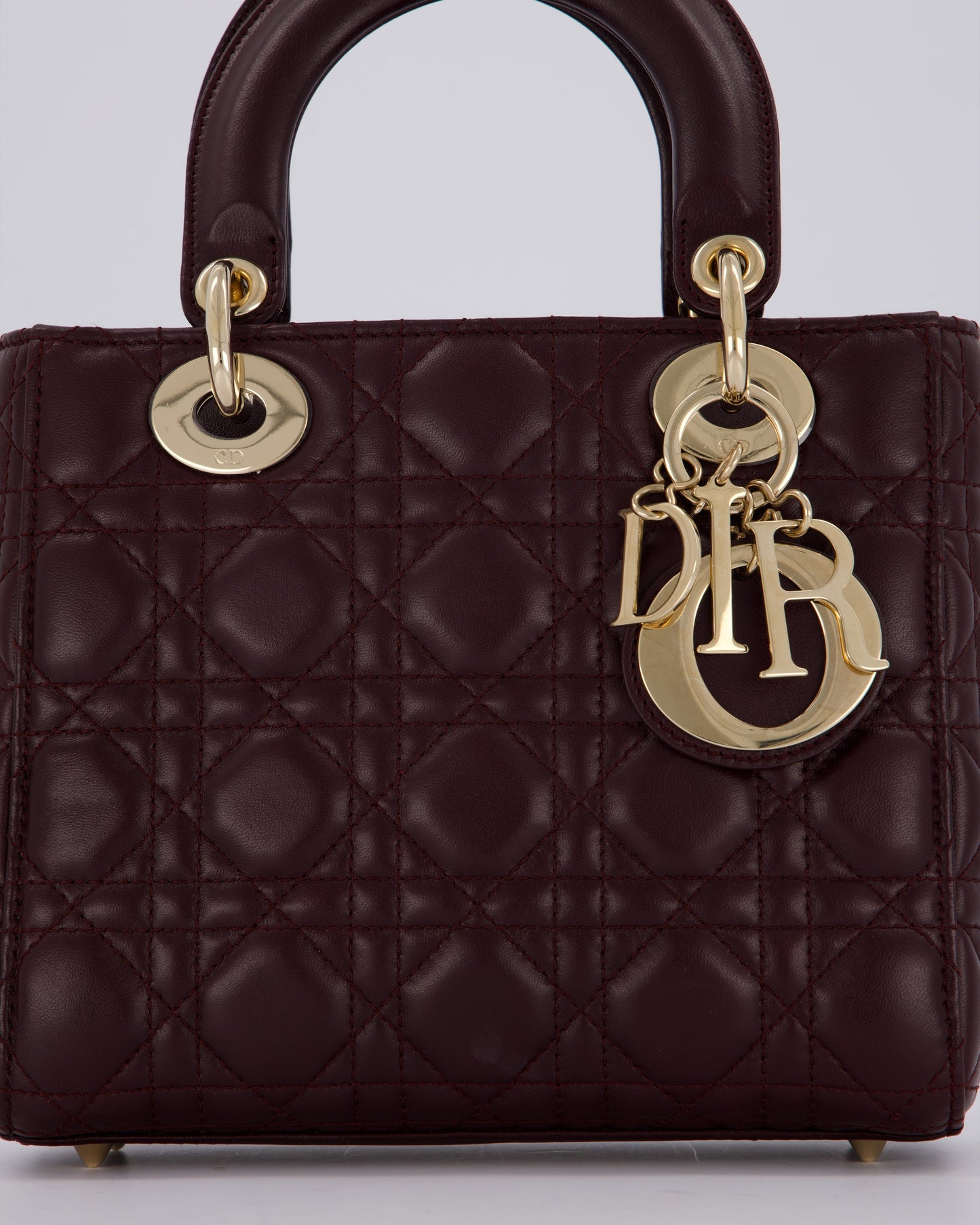 Christian Dior Aubergine Burgundy Small Lady Dior in Lambskin Leather with Champagne Gold Hardware
