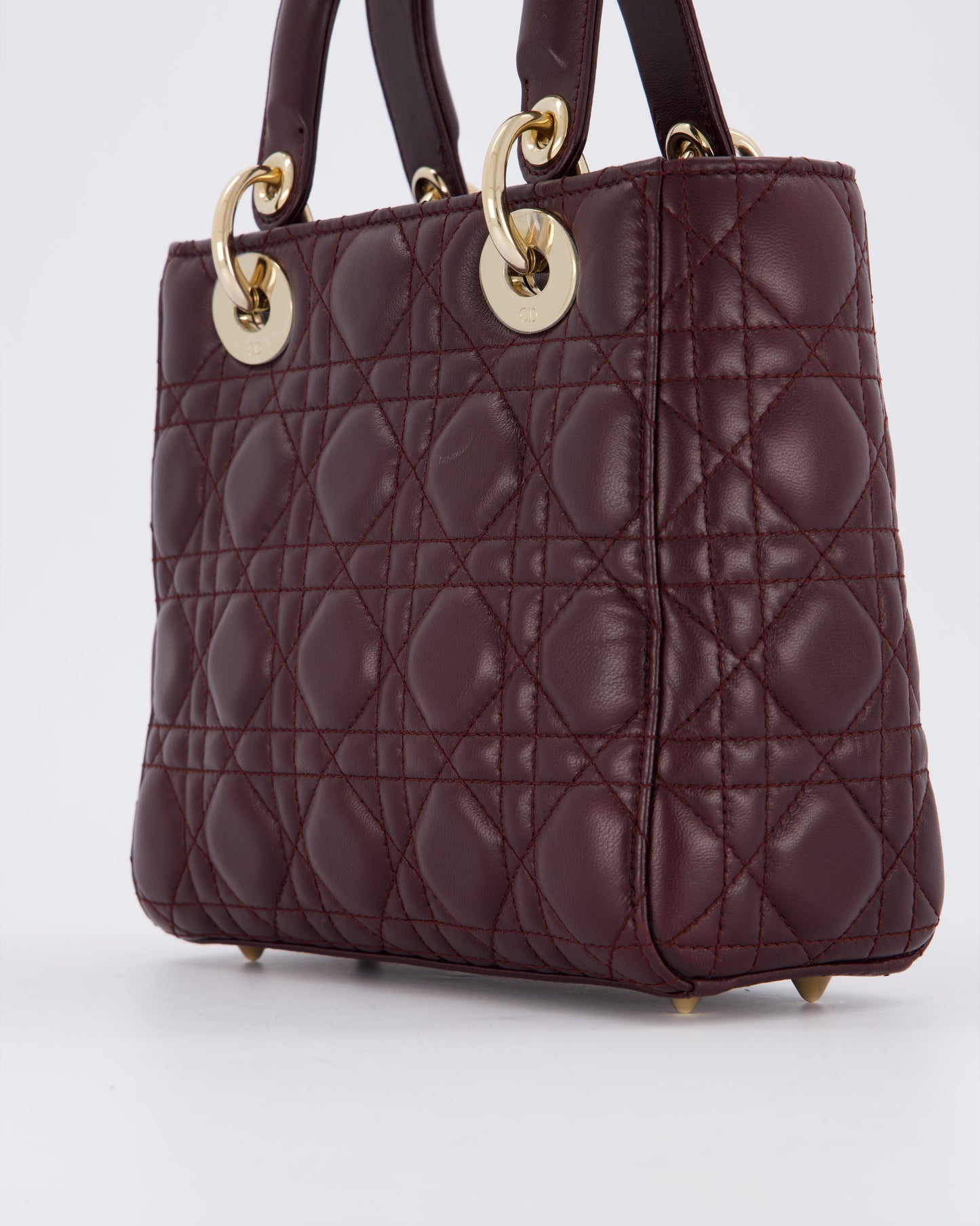 Christian Dior Aubergine Burgundy Small Lady Dior in Lambskin Leather with Champagne Gold Hardware