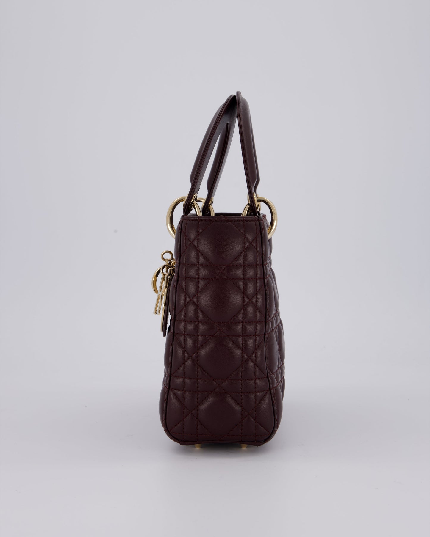 Christian Dior Aubergine Burgundy Small Lady Dior in Lambskin Leather with Champagne Gold Hardware