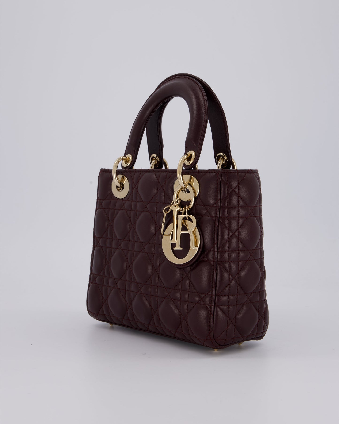 Christian Dior Aubergine Burgundy Small Lady Dior in Lambskin Leather with Champagne Gold Hardware