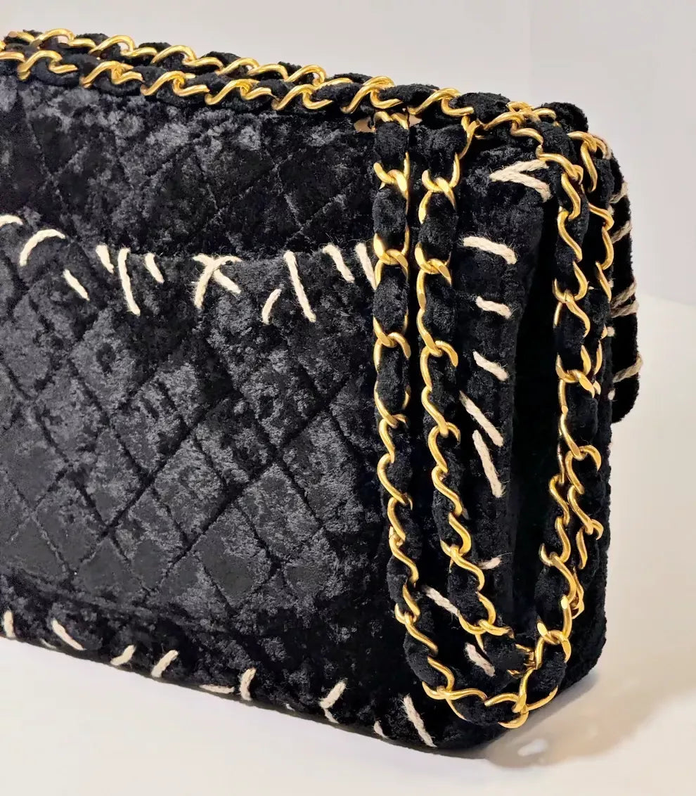 Chanel  1993 Black Velvet Whipstitch Flap Bag