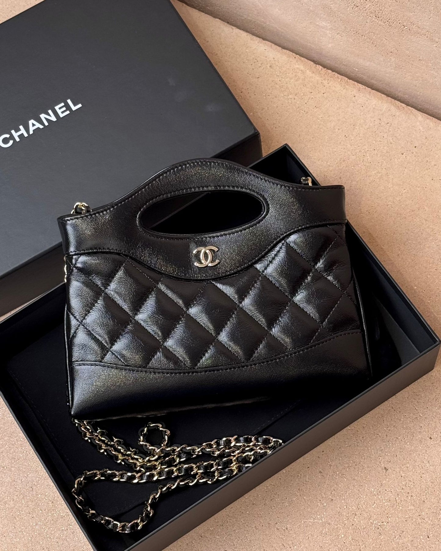 Chanel Nano 31 Clutch on Chain - Black Glazed Calfskin | Champagne Gold Hardware