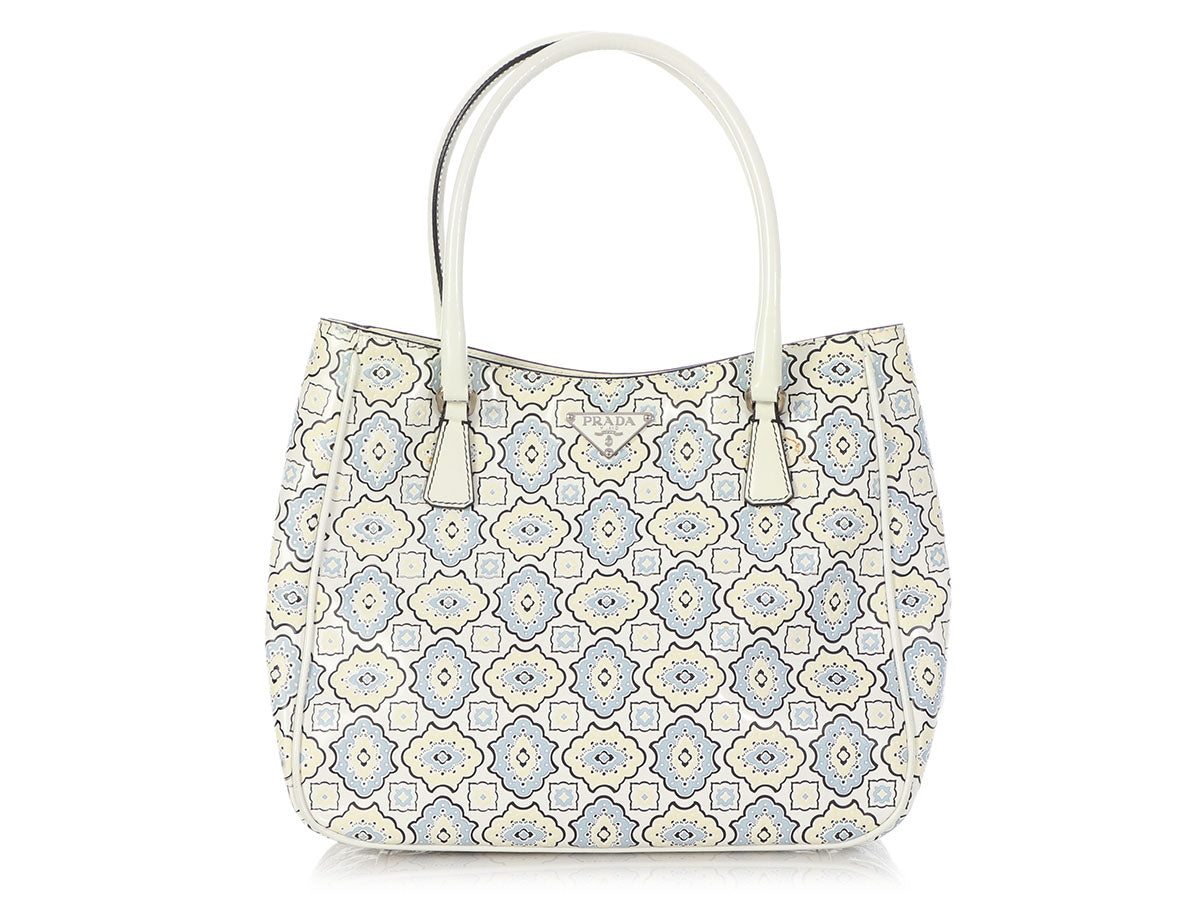 Prada Small Blue, Cream, and White Embossed Floral Tote