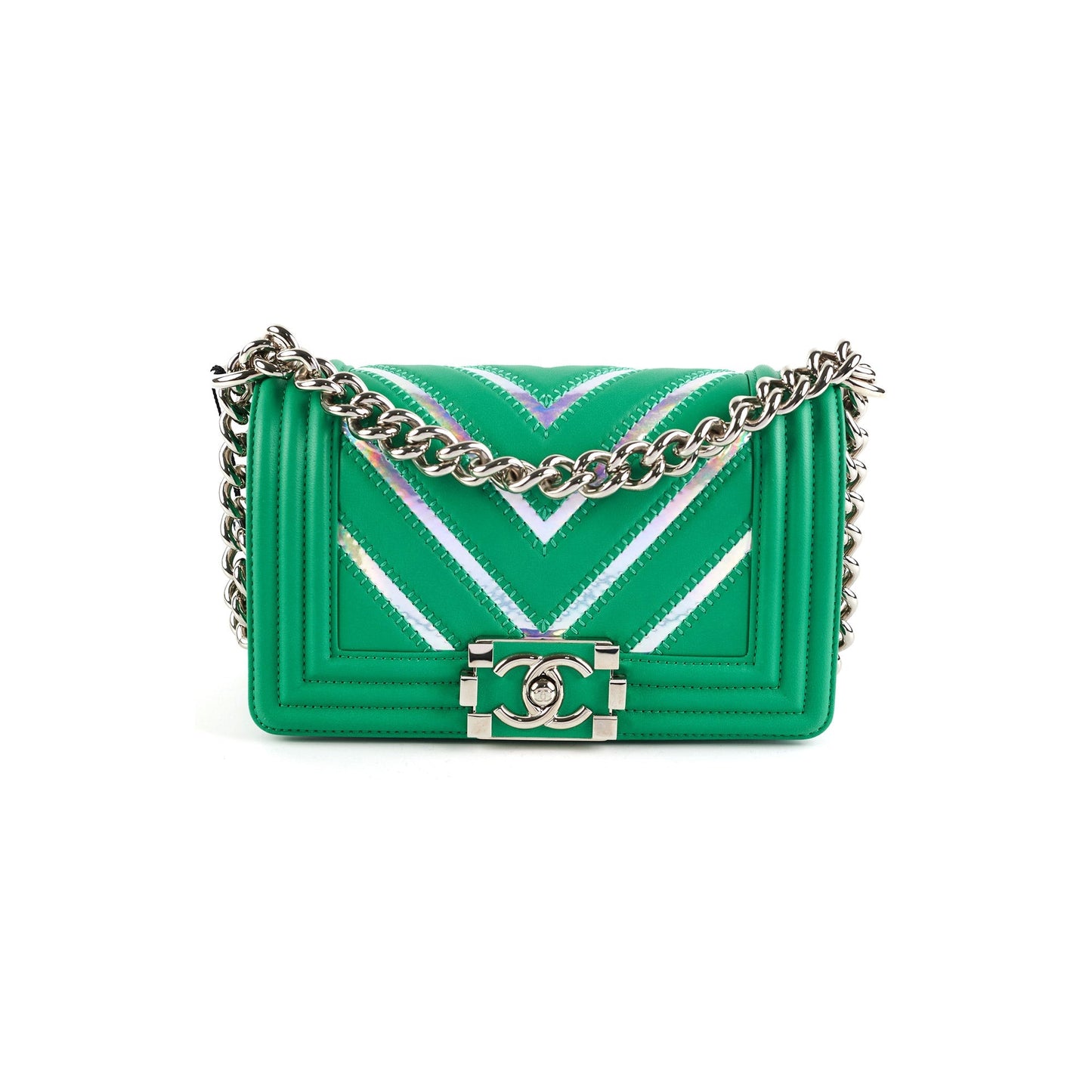Chanel Chevron Boy Small Green With Holographic PVC