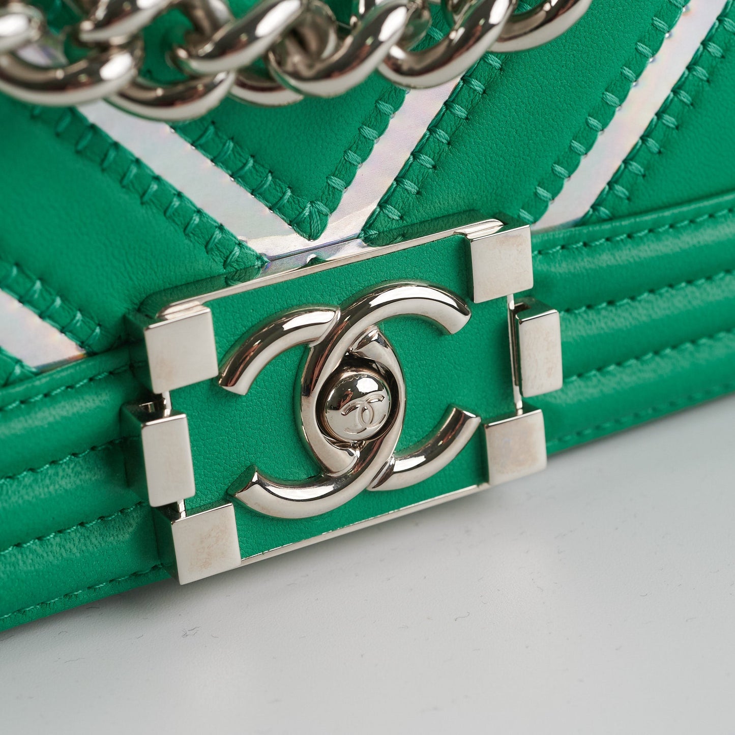 Chanel Chevron Boy Small Green With Holographic PVC