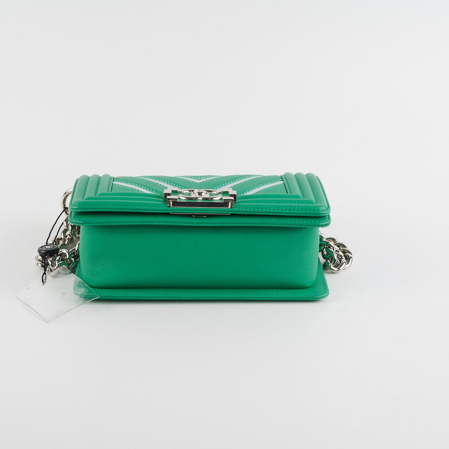 Chanel Chevron Boy Small Green With Holographic PVC