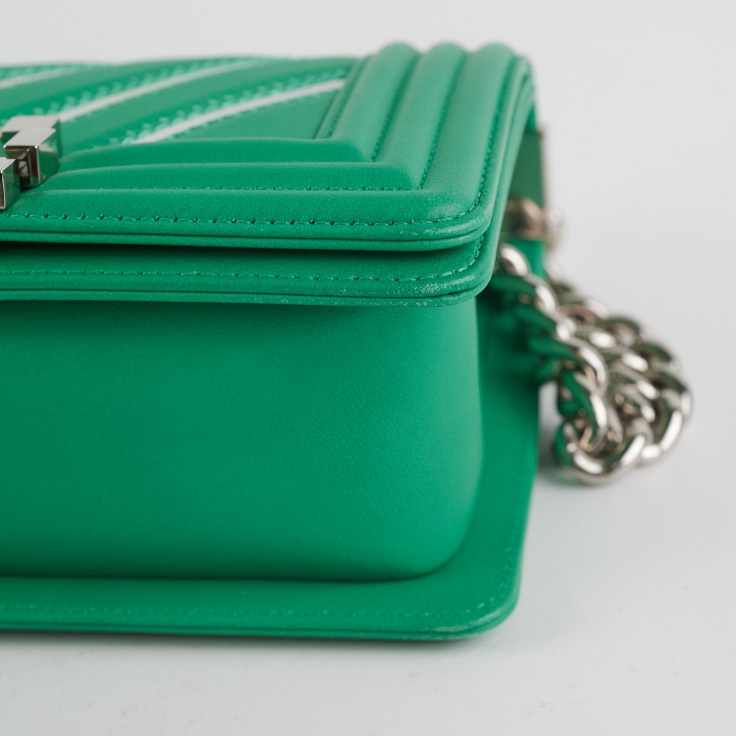 Chanel Chevron Boy Small Green With Holographic PVC