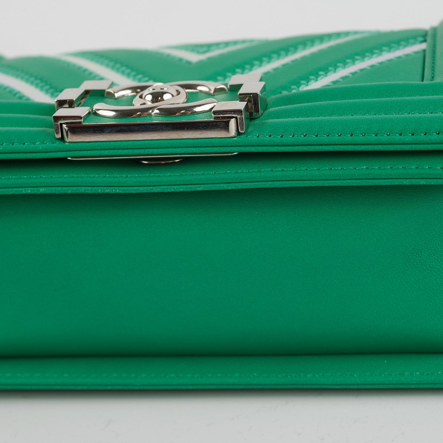 Chanel Chevron Boy Small Green With Holographic PVC