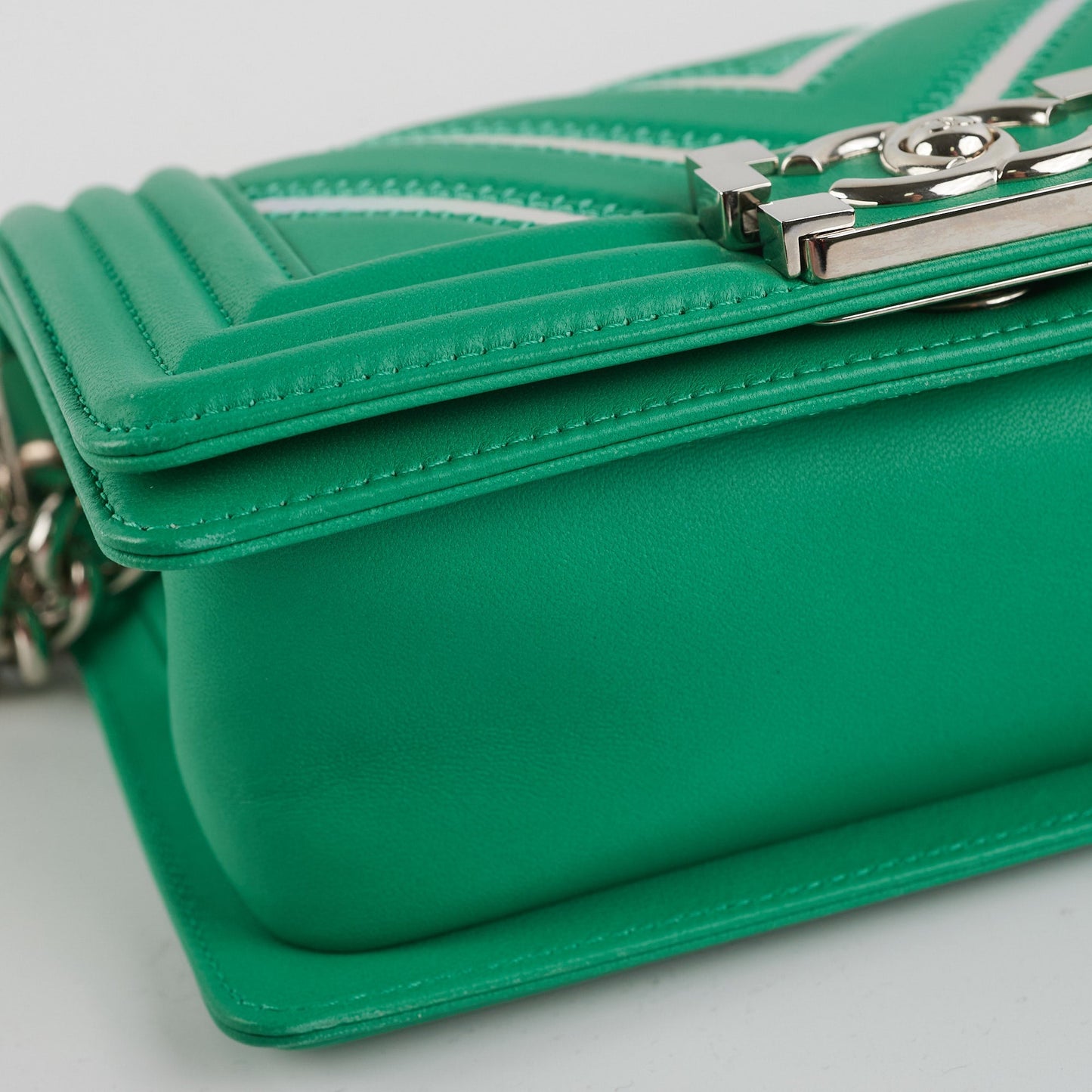 Chanel Chevron Boy Small Green With Holographic PVC