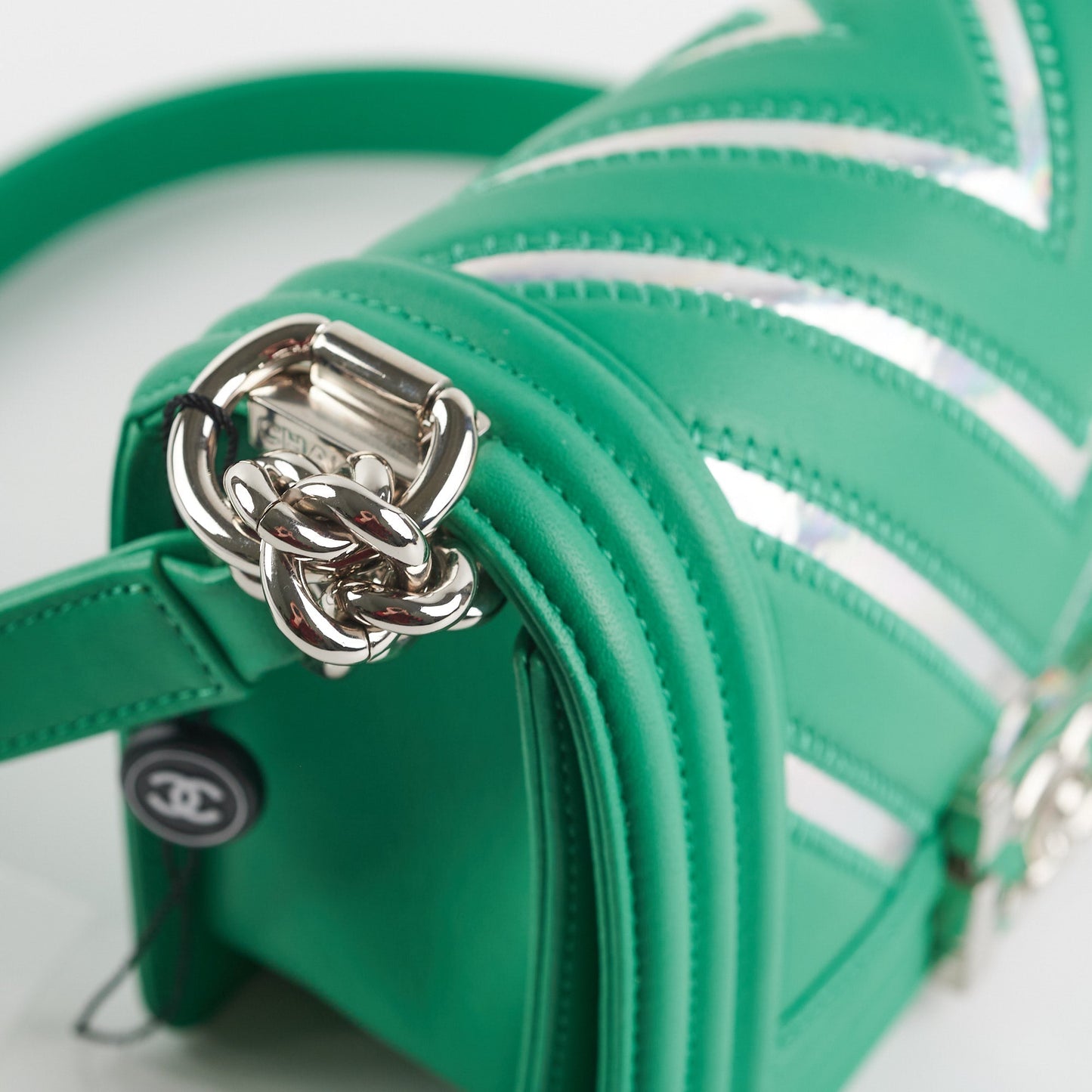 Chanel Chevron Boy Small Green With Holographic PVC