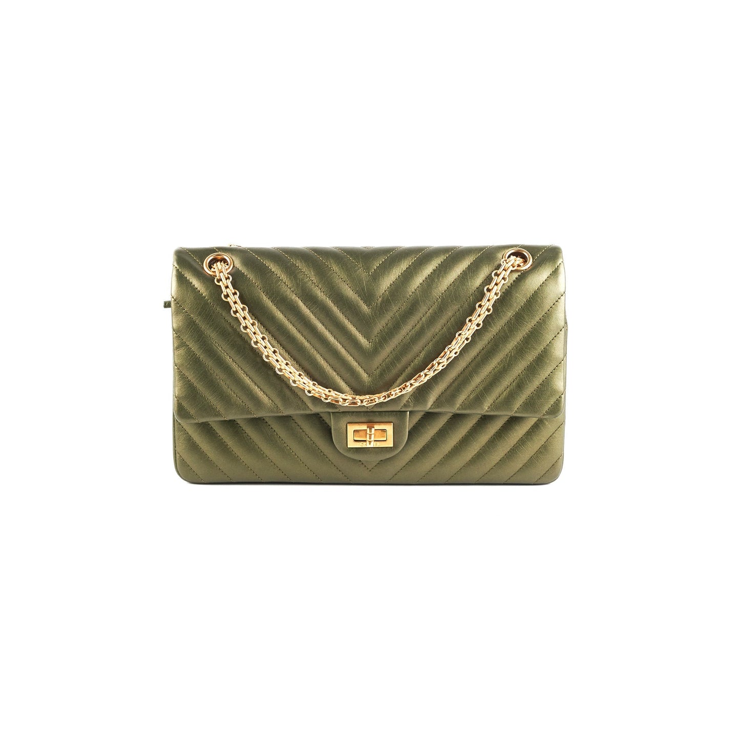 Chanel Chevron Reissue 226 Medium Khaki Green Metallic