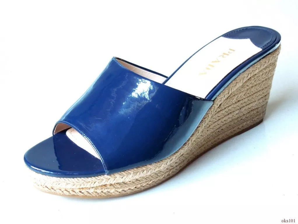 PRADA PATENT LEATHER WEDGE HEEL ESPADRILLE MULES