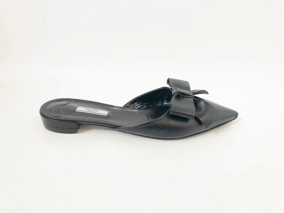 PRADA POINTED TOE BOW SLIDES