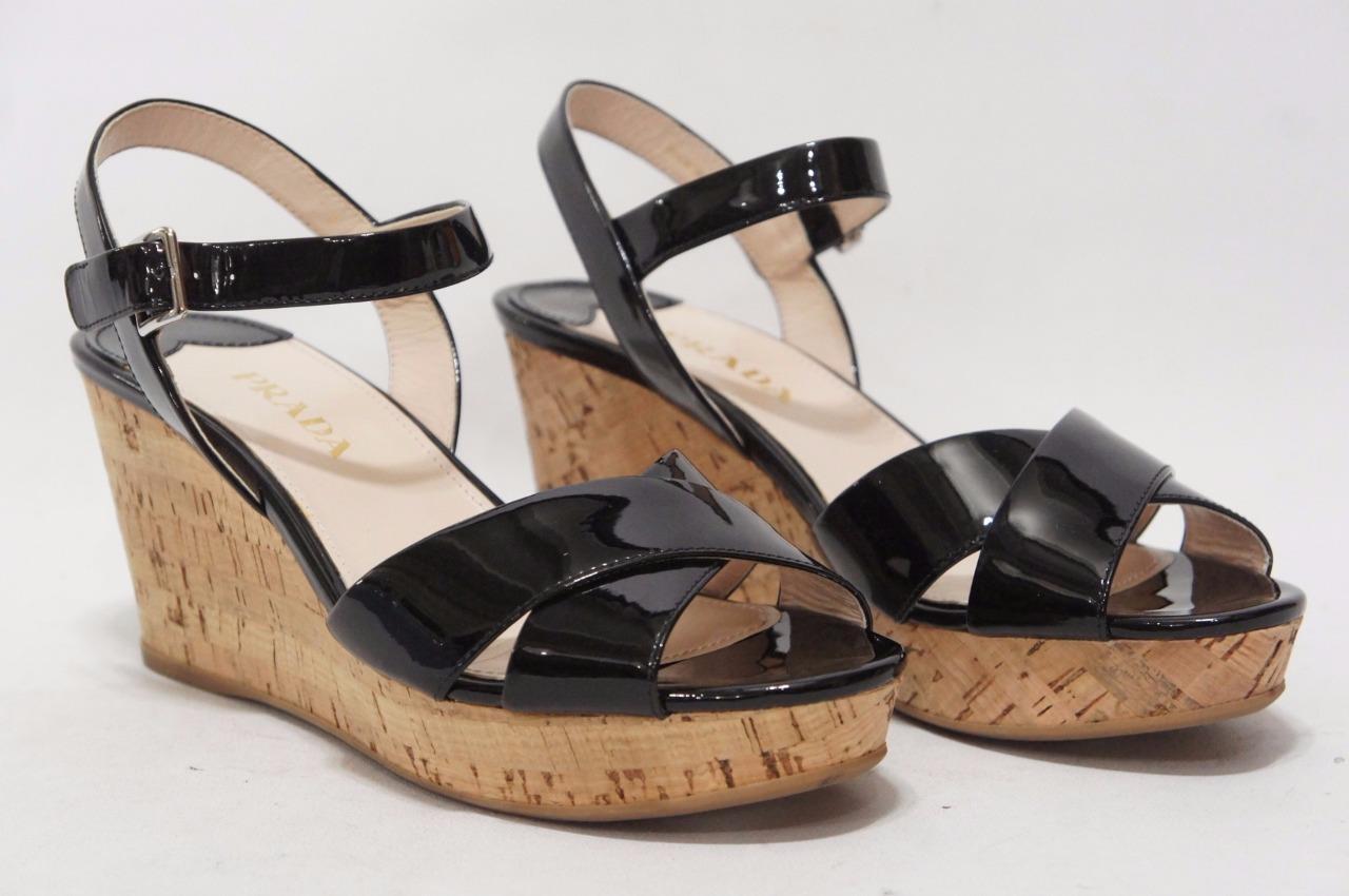 PRADA VERNICE CORK WEDGE HEEL PATENT SANDALS