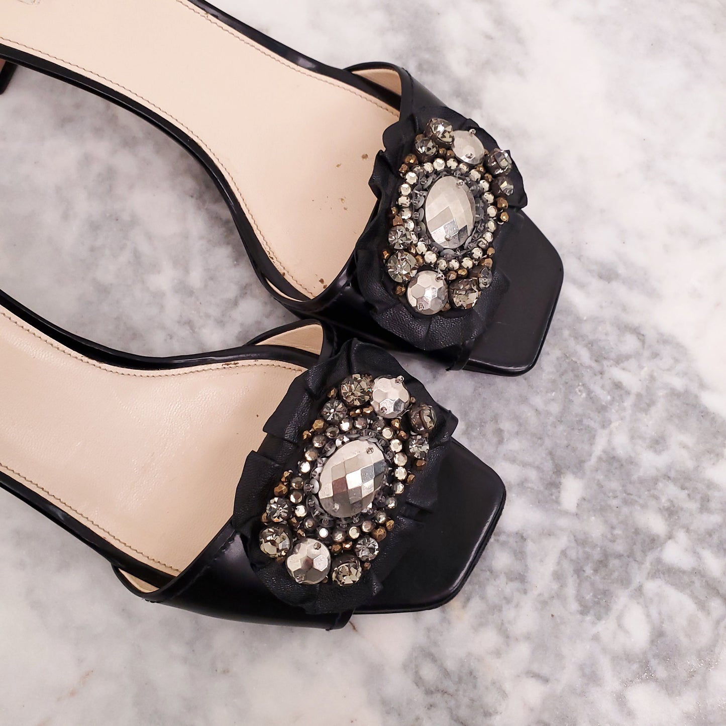 PRADA BLACK KITTEN SANDALS WITH CRYSTAL EMBLEM - SIZE 39
