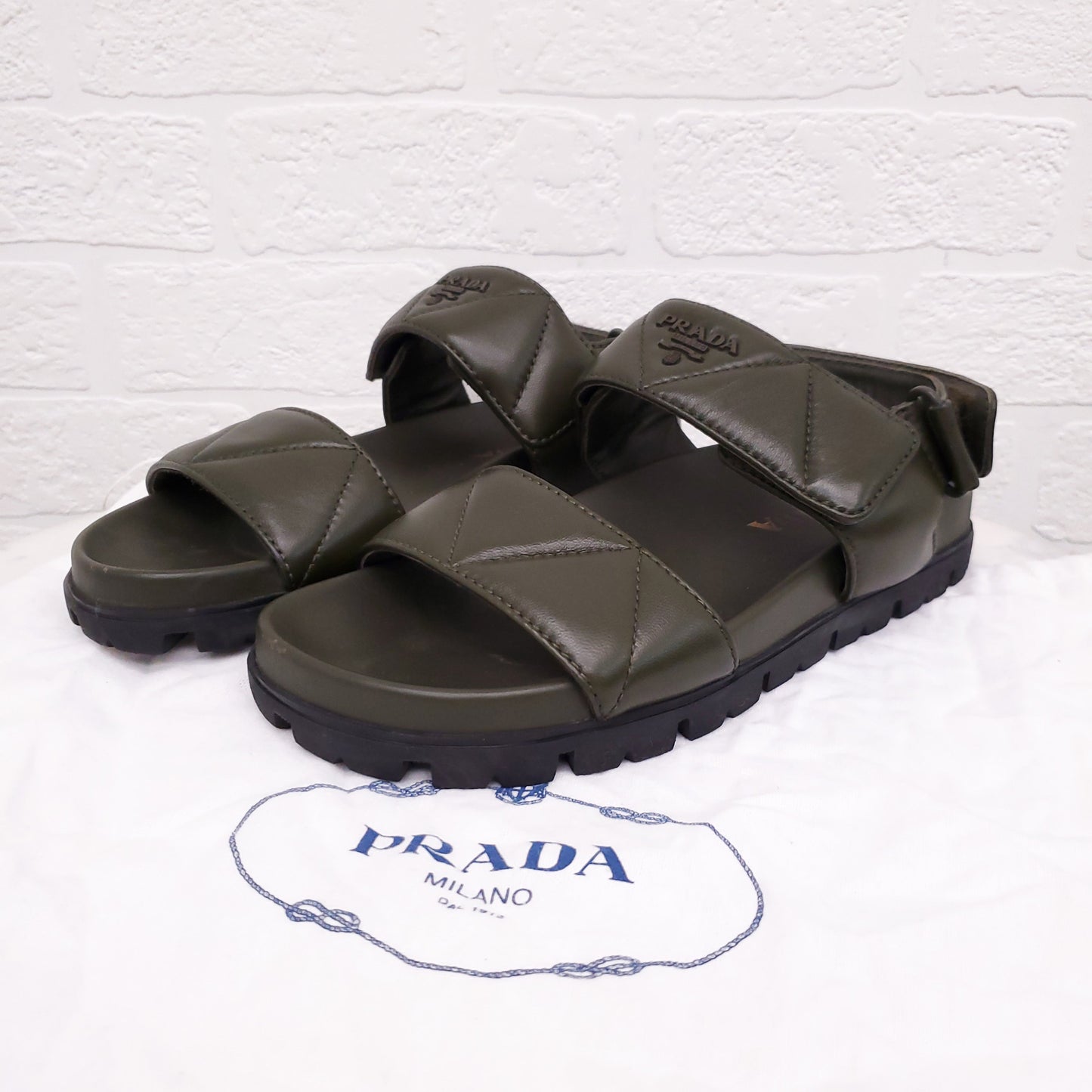 PRADA LOGO GREEN DAD SANDALS - SIZE 36.5