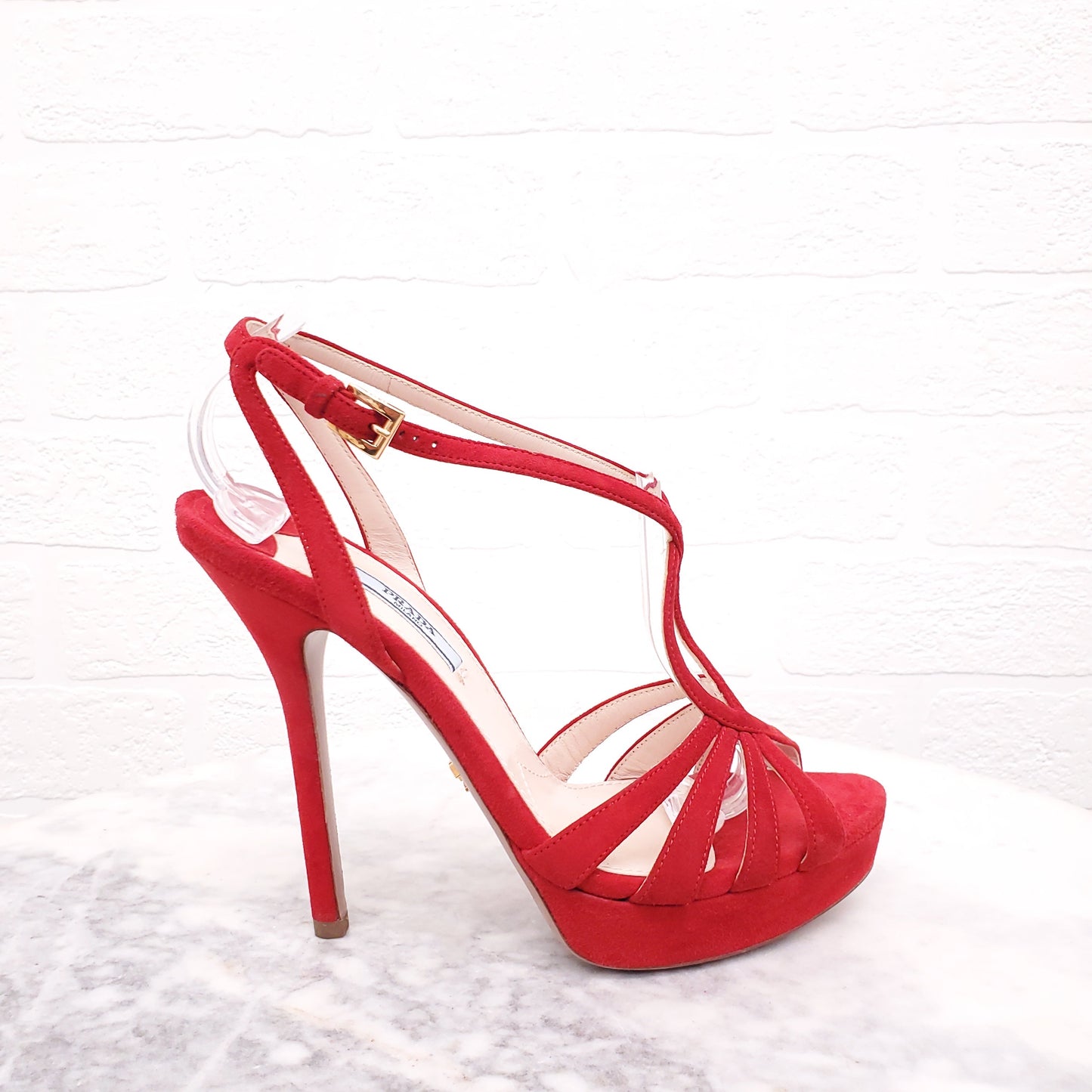 PRADA RED SUEDE HEELS - SIZE 37.5