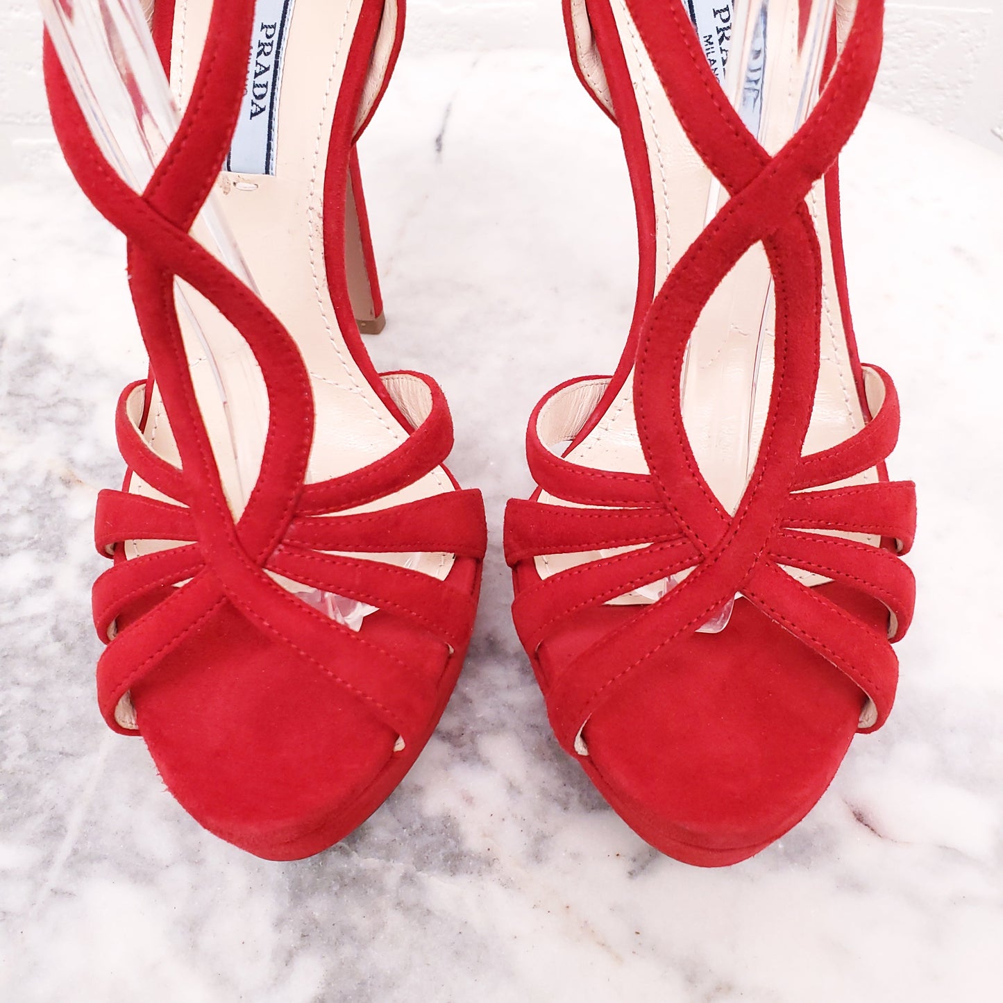 PRADA RED SUEDE HEELS - SIZE 37.5