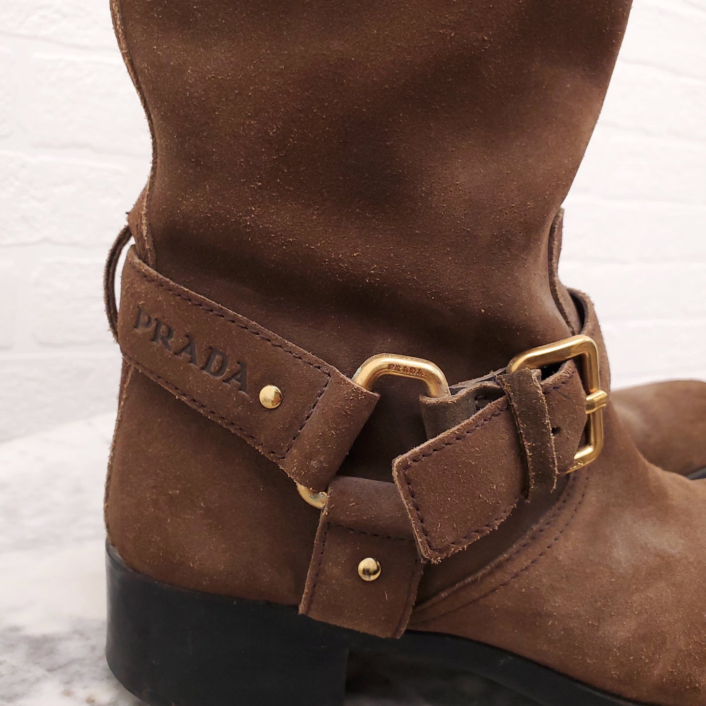 PRADA SUEDE MOTO BOOT WITH LOGO - SIZE 38.5