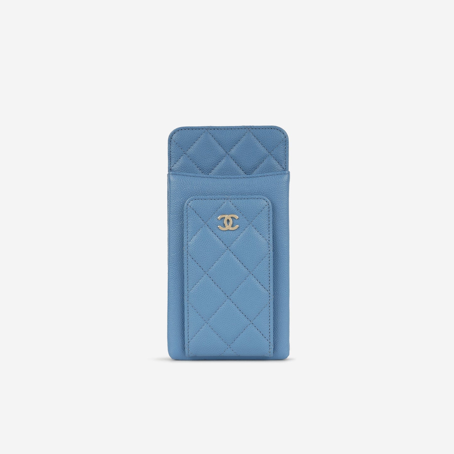 Chanel CC Phone Holder - Blue Caviar | Champagne Gold Hardware