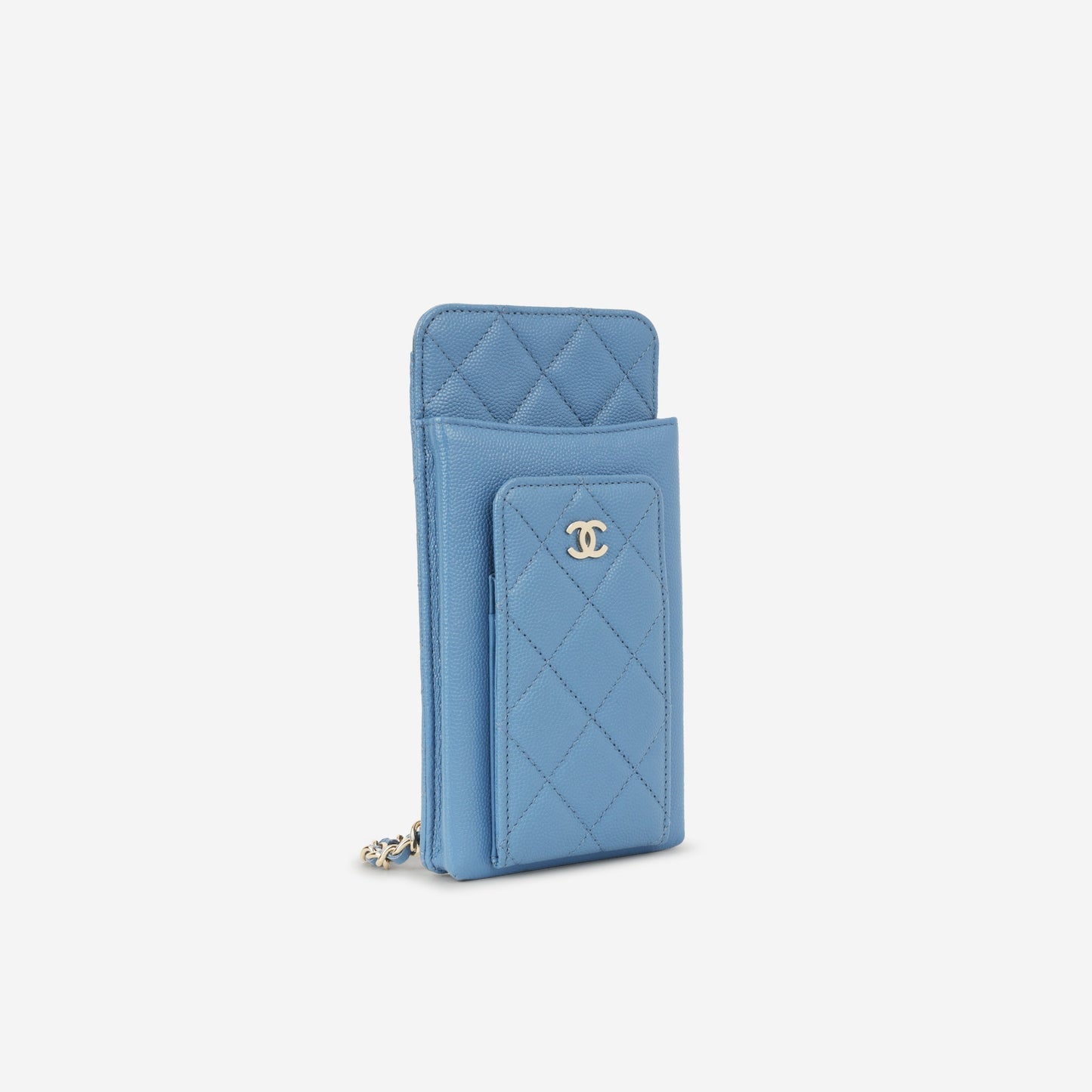 Chanel CC Phone Holder - Blue Caviar | Champagne Gold Hardware