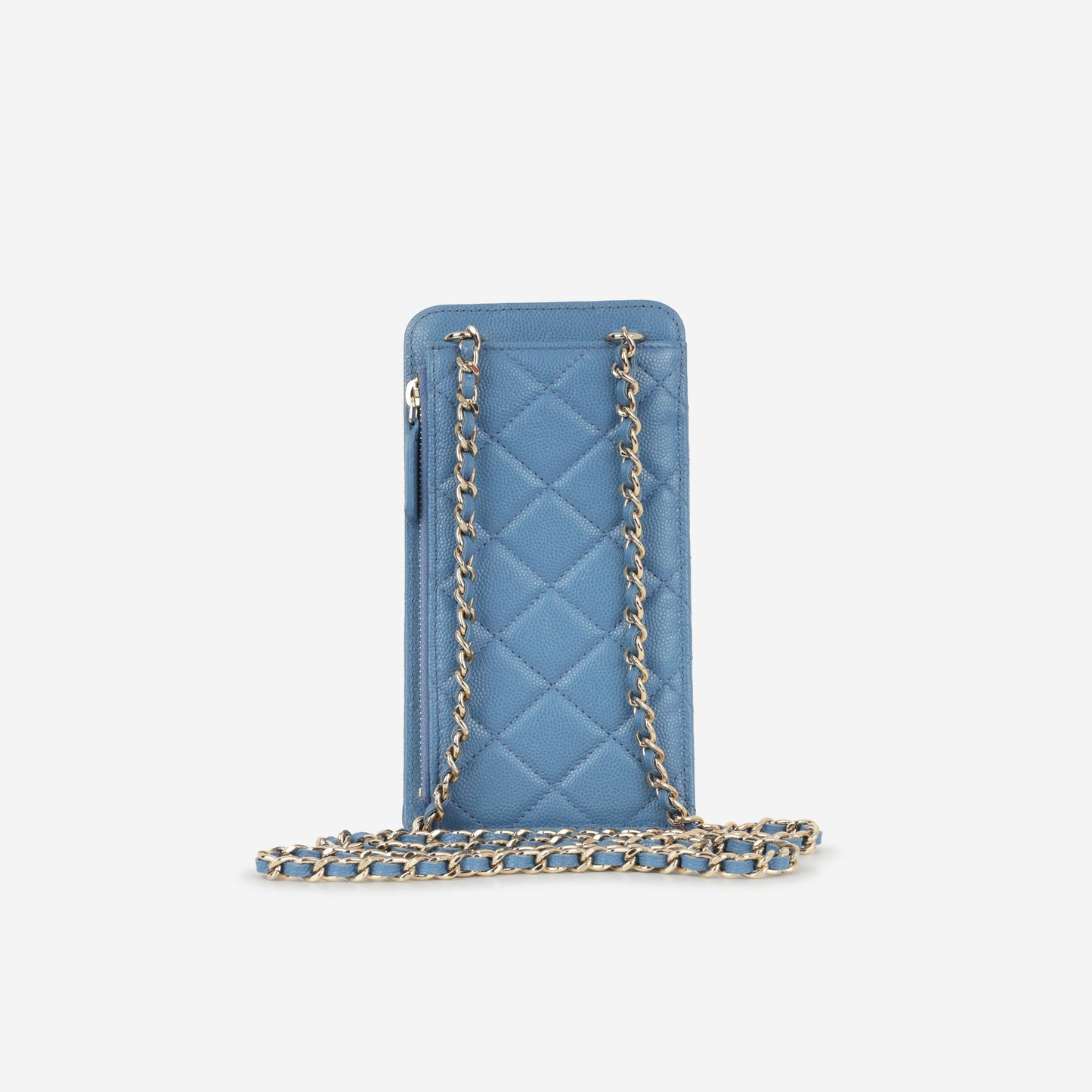Chanel CC Phone Holder - Blue Caviar | Champagne Gold Hardware