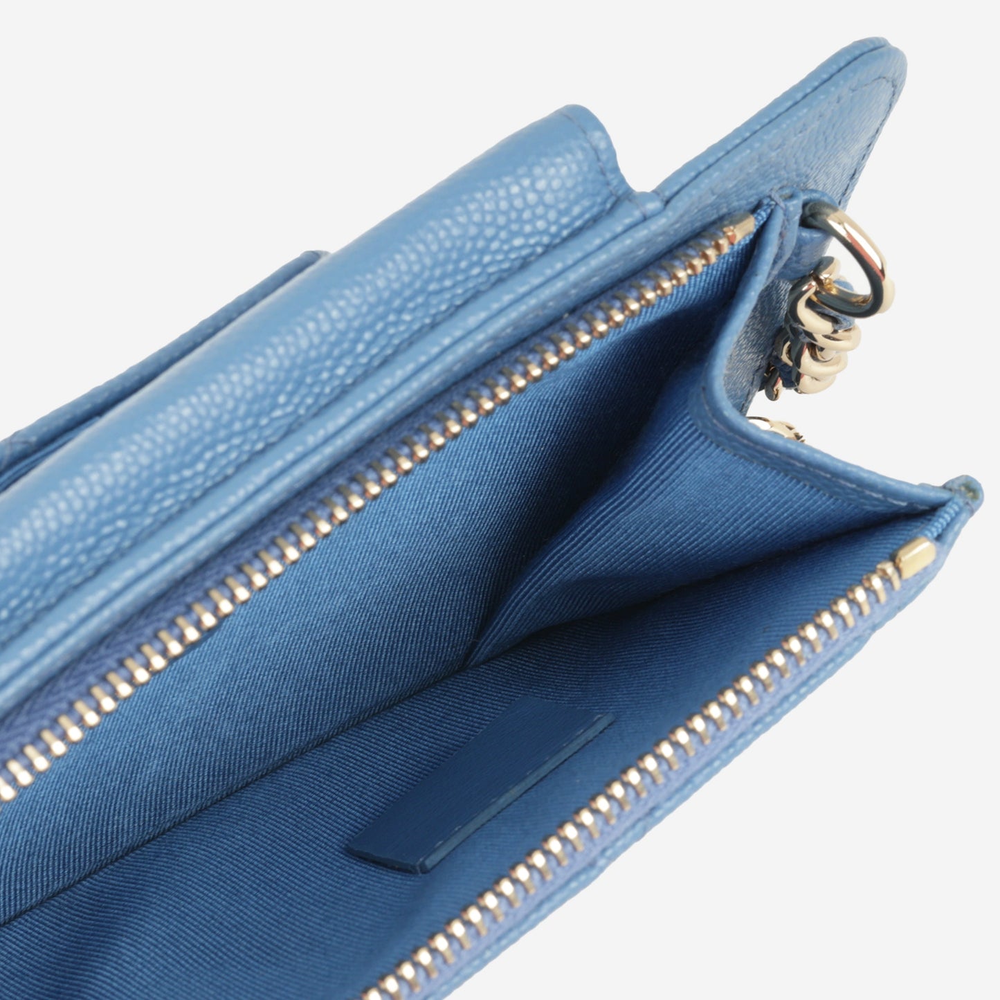 Chanel CC Phone Holder - Blue Caviar | Champagne Gold Hardware