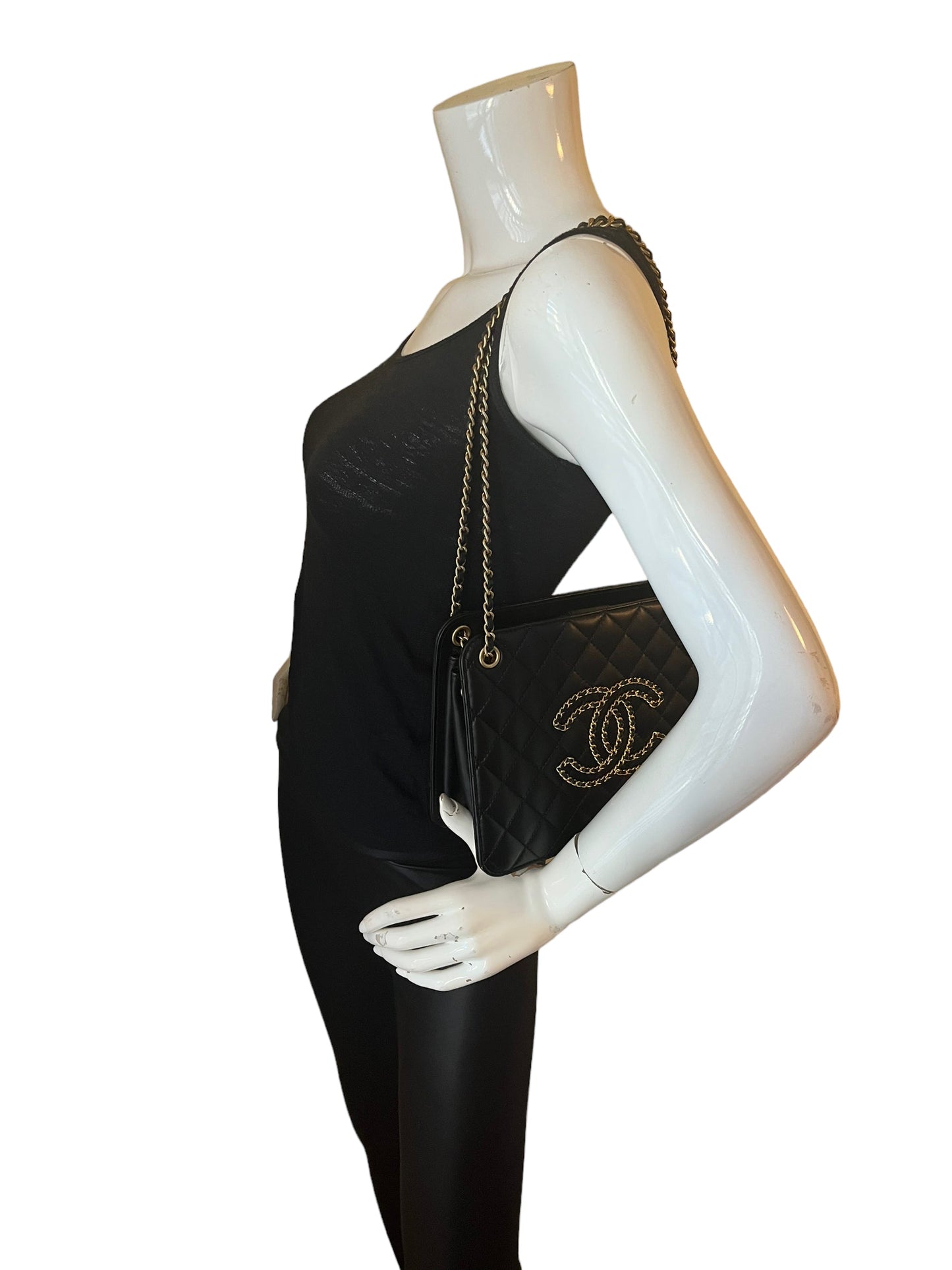 Chanel Black Calfskin Leather Quilted CC Chain Accordion Tote Bag